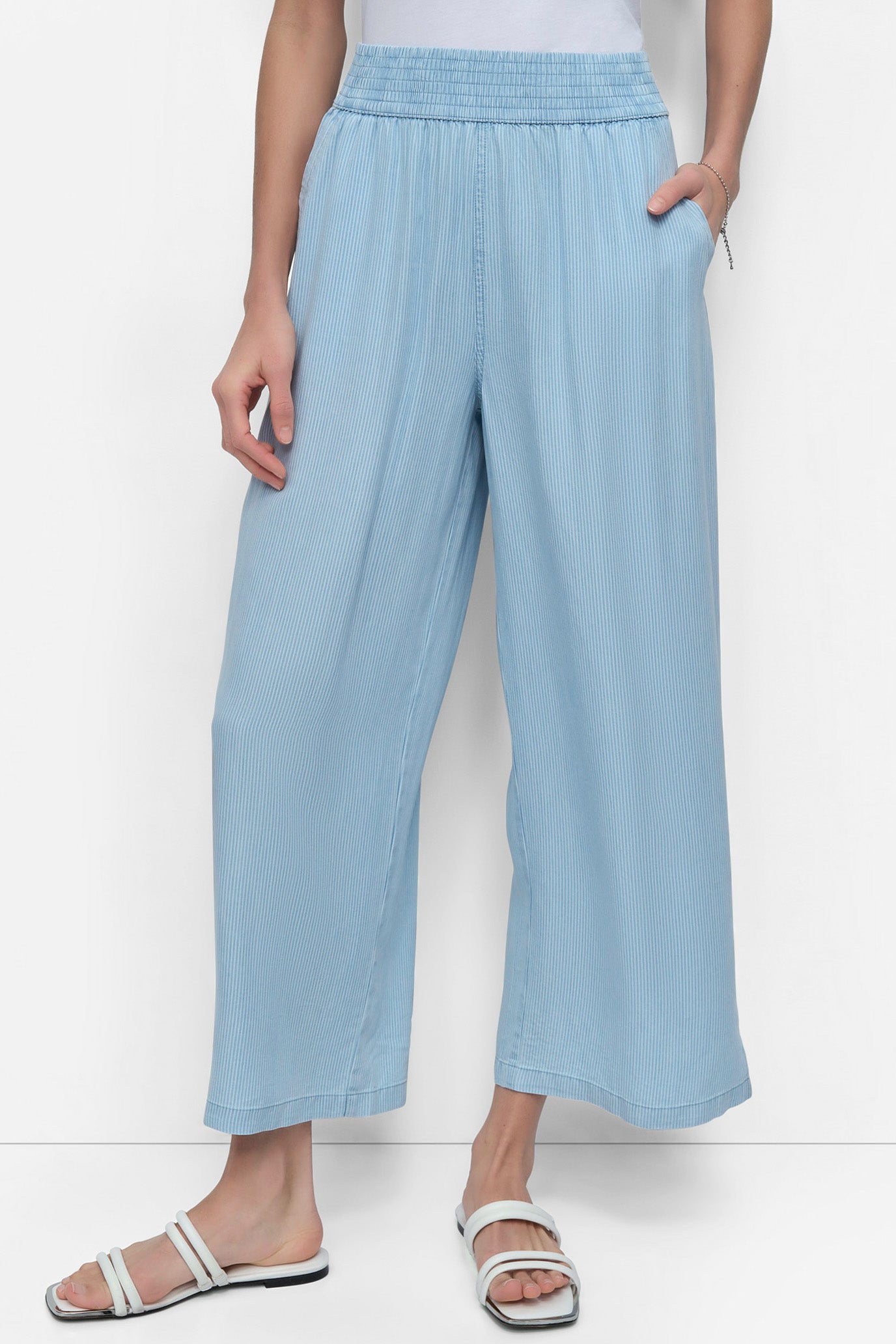 CHAMBRAY STRIPE WIDE LEG ANKLE PANT, FRONT VIEW | Pants & Denim