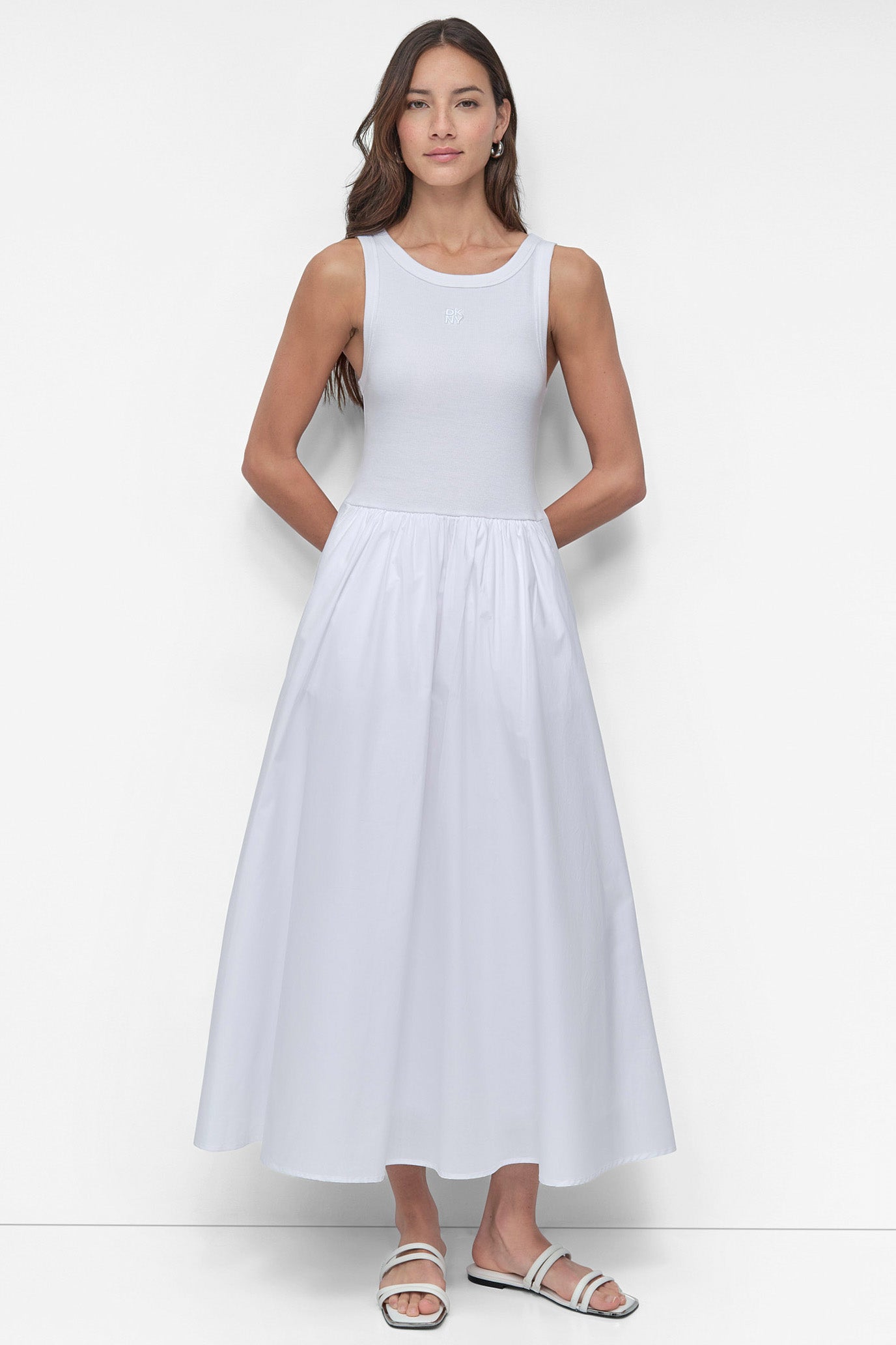 dkny white dress Women's Relaxed Short-Sleeve Collared Shirt - Ivory and side pockets add convenience DKNY Tiered Smocked Bodice Dress