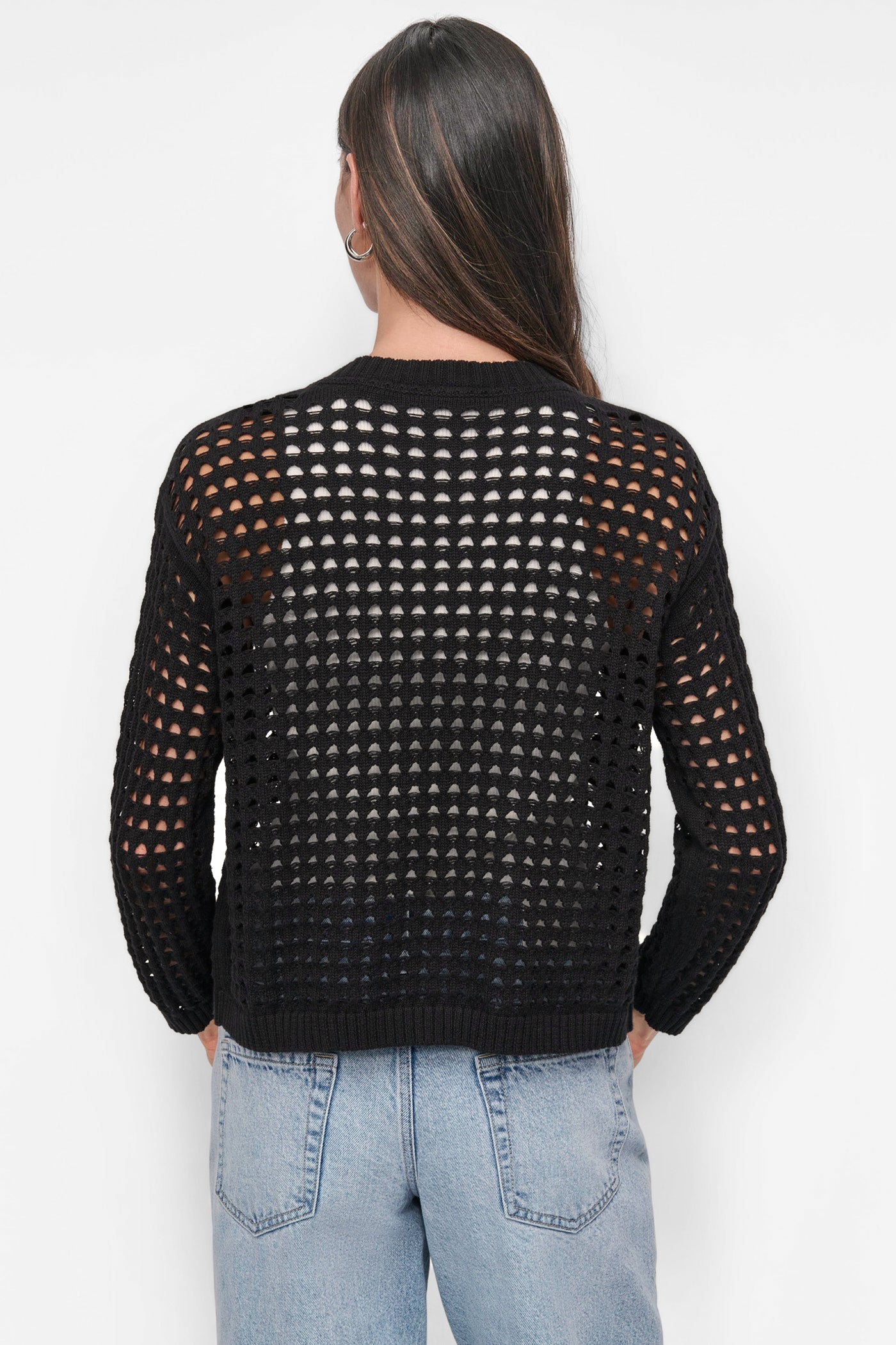 Black OPEN STITCH CARDIGAN, BACK VIEW | SALE CLOTHING