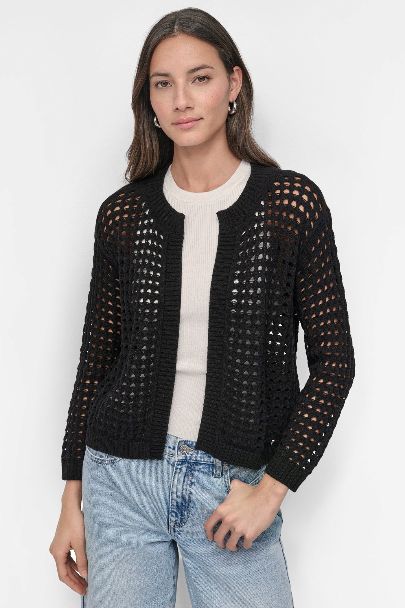 Black OPEN STITCH CARDIGAN, FRONT VIEW | SALE CLOTHING