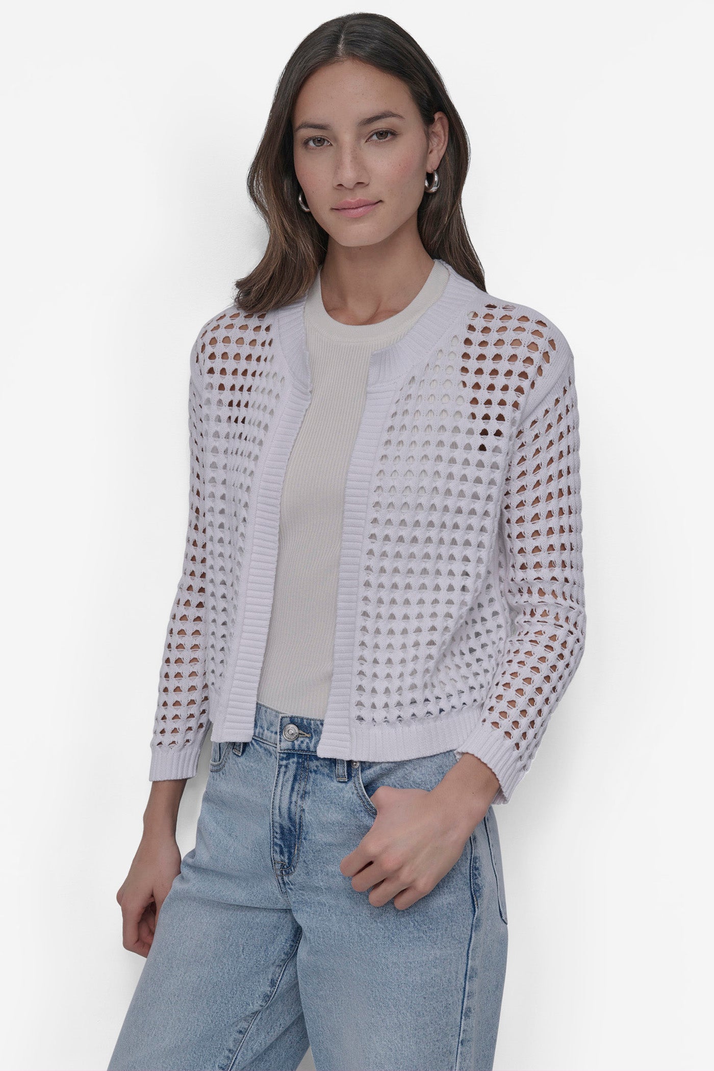 White OPEN-STITCH CARDIGAN, FRONT VIEW | DKNY JEANS