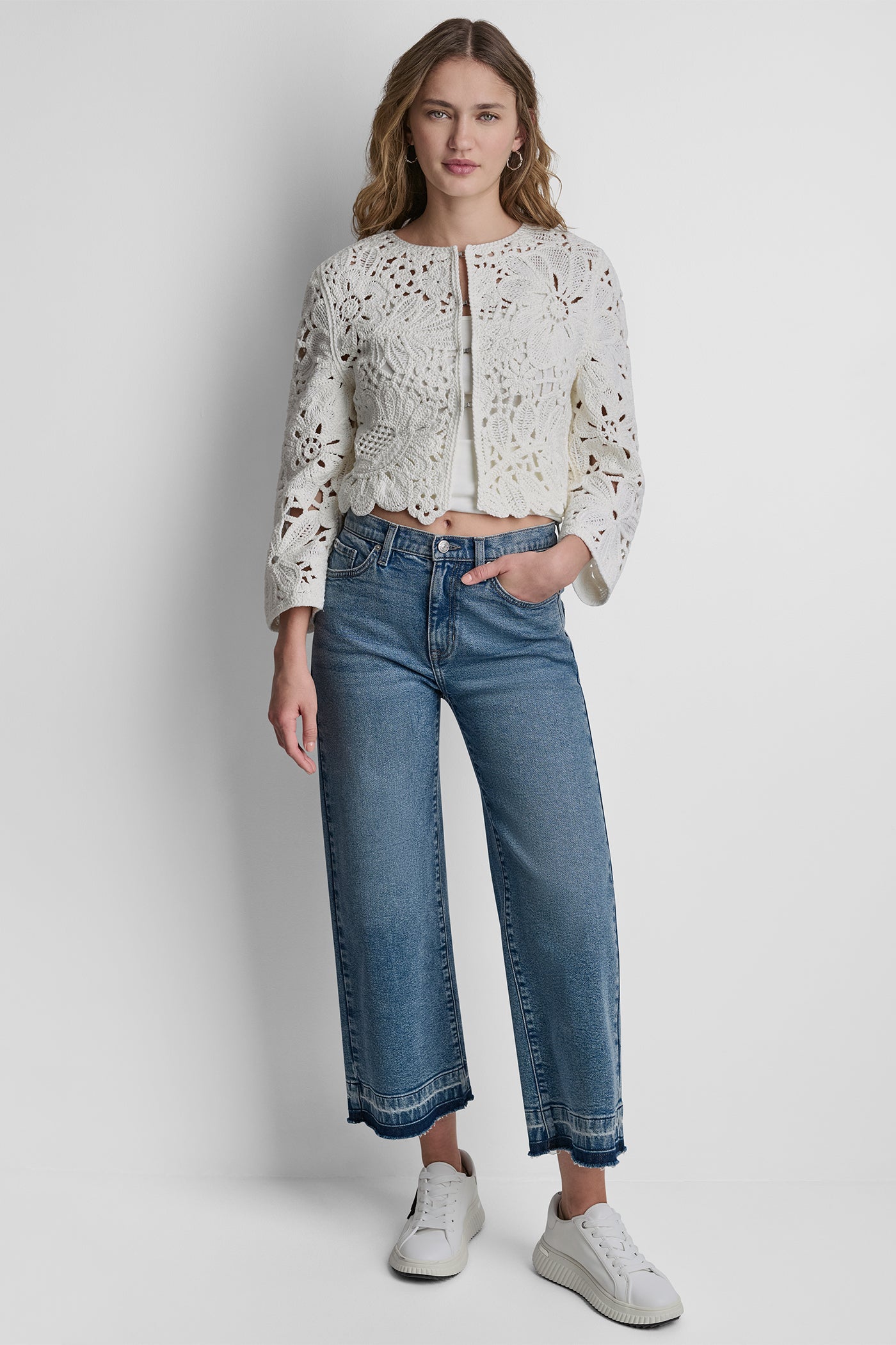 Eggnog FLORAL CROCHET CARDIGAN WITH SCALLOP HEM, BACK VIEW | New Arrivals