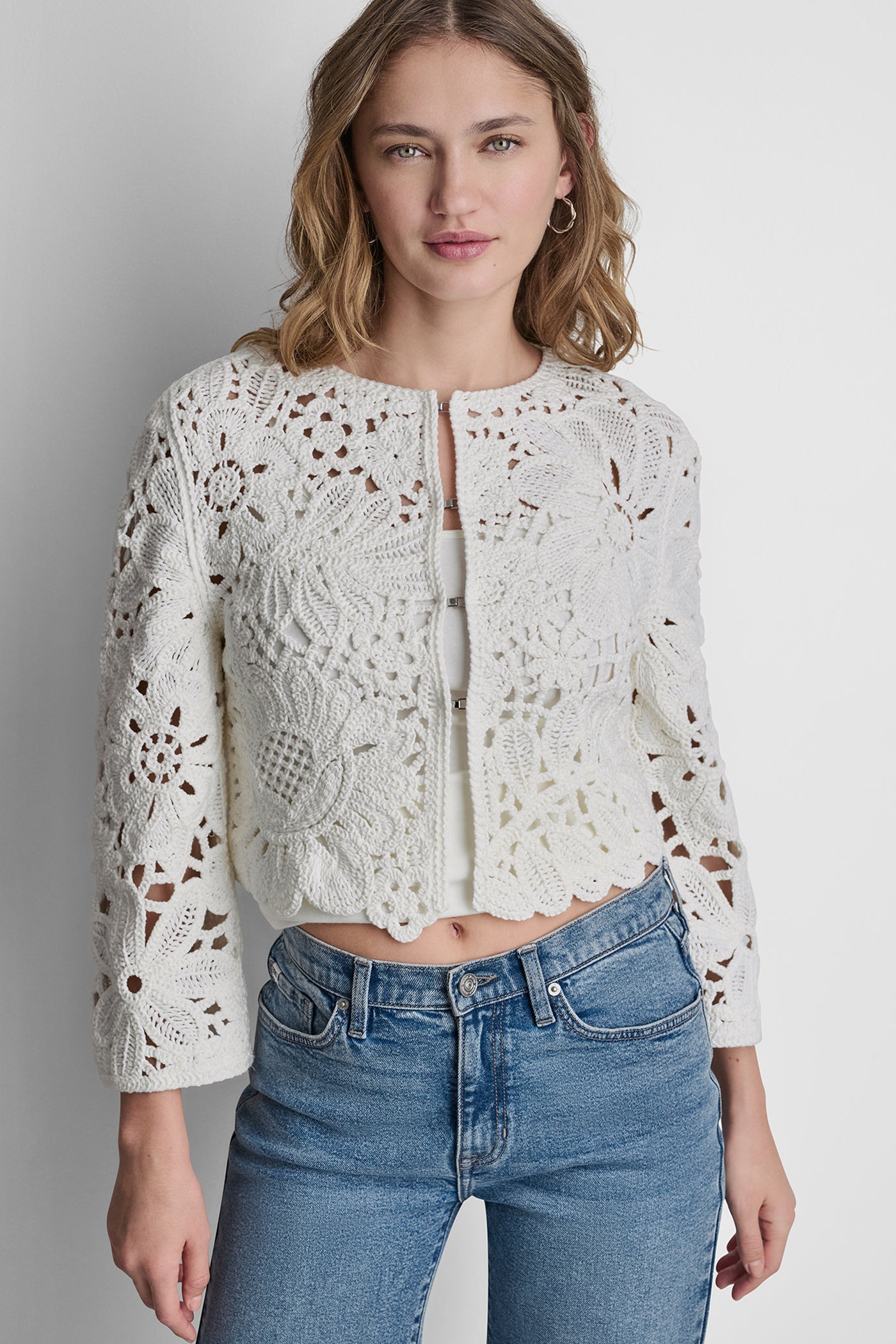 Eggnog FLORAL CROCHET CARDIGAN WITH SCALLOP HEM, FRONT VIEW | New Arrivals
