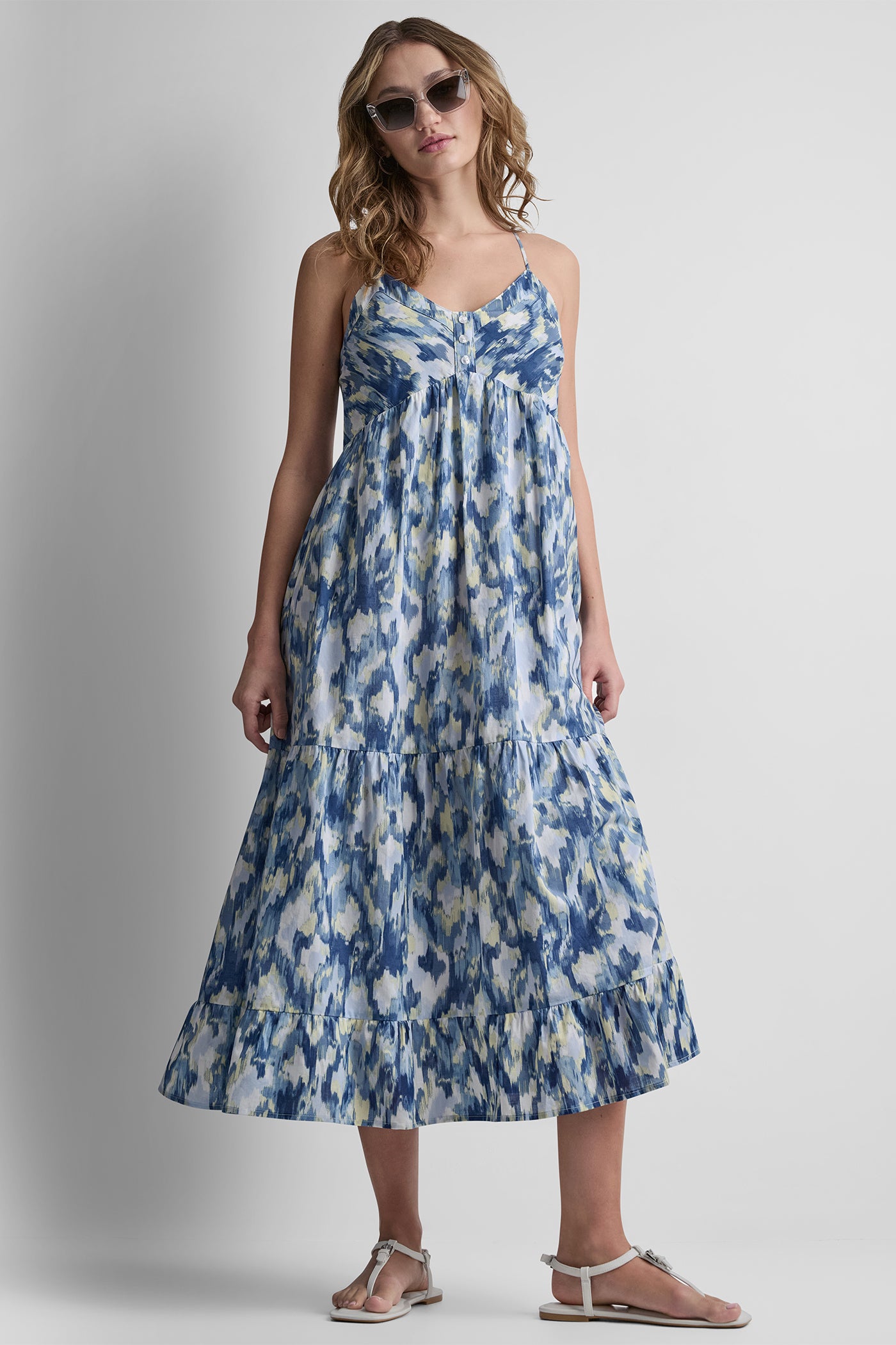 Ikat Blur Chambray PRINTED TIERED MIDI TANK DRESS, VIEW 1 | New Arrivals