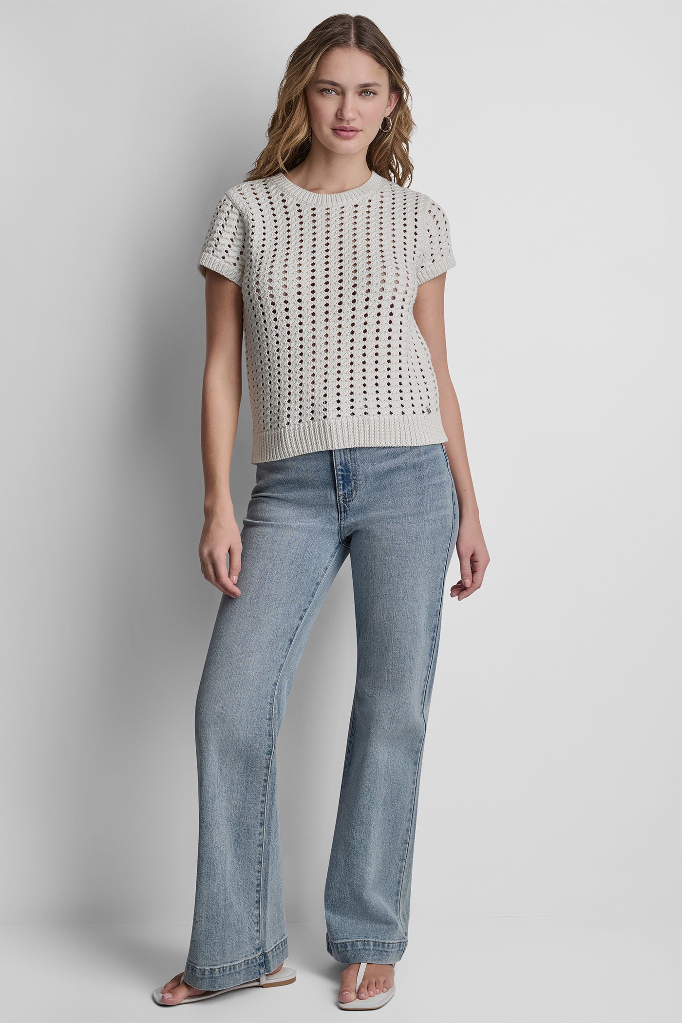 Eggnog CHUNKY POINTELLE SHORT SLEEVE SWEATER, VIEW 2 | WOMEN'S SWEATERS & TOPS