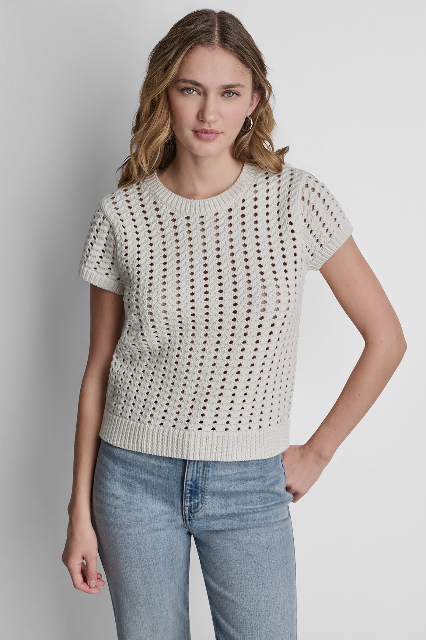 CHUNKY POINTELLE SHORT SLEEVE SWEATER VIEW 5 | Clothing