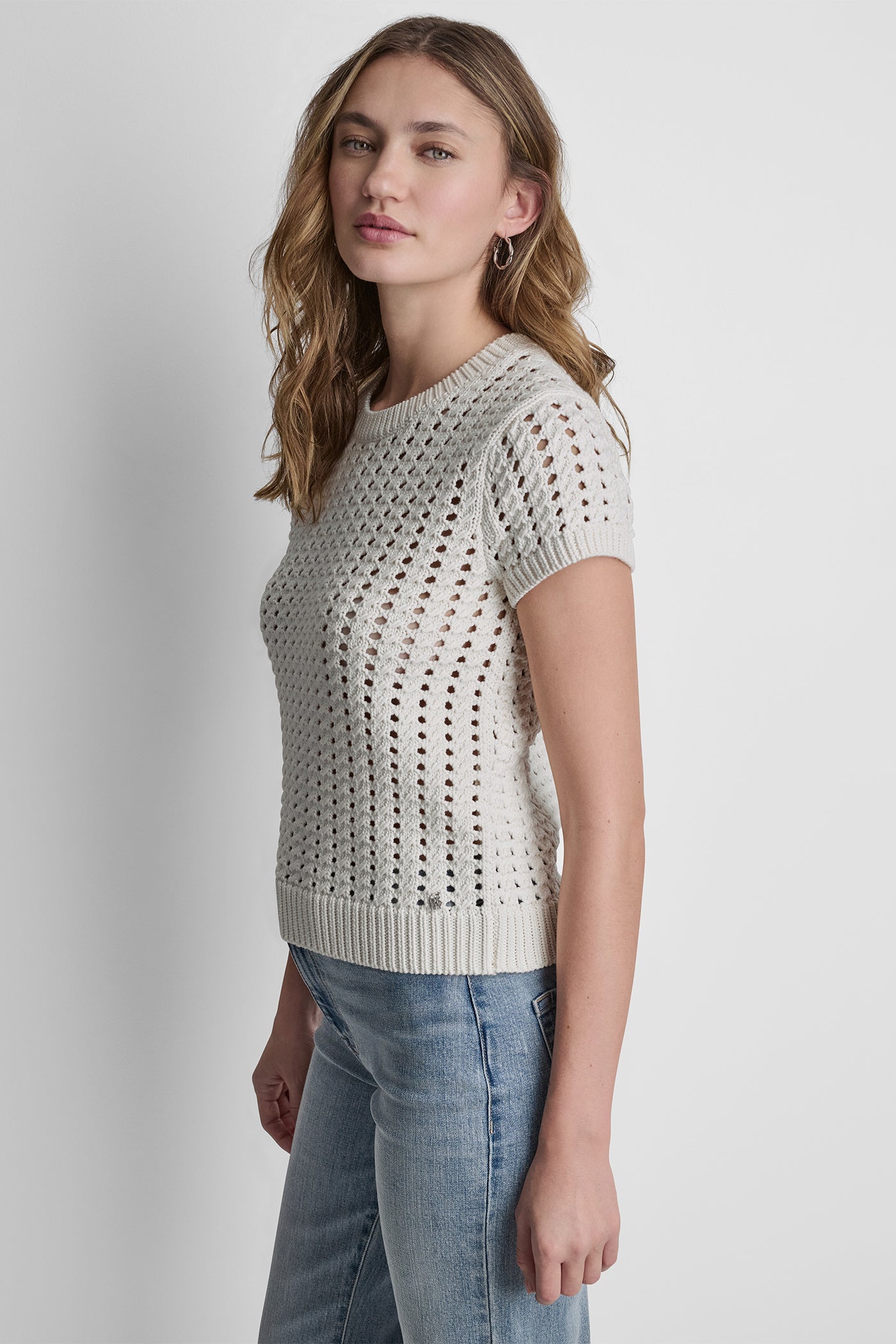 CHUNKY POINTELLE SHORT SLEEVE SWEATER VIEW 4 | Clothing