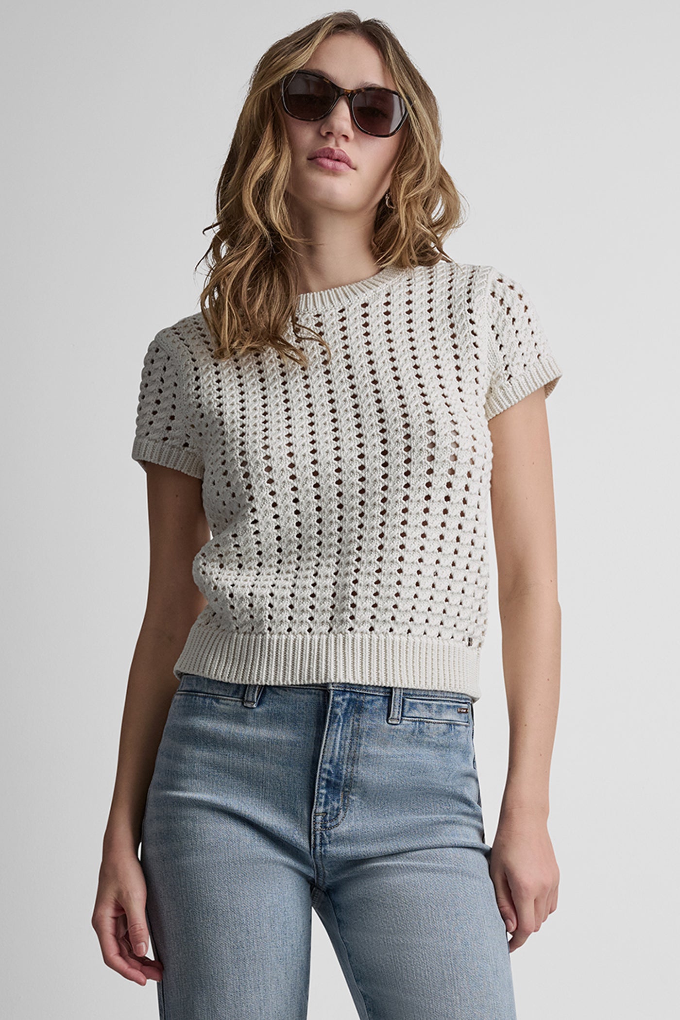 Eggnog CHUNKY POINTELLE SHORT SLEEVE SWEATER, VIEW 1 | WOMEN'S SWEATERS & TOPS