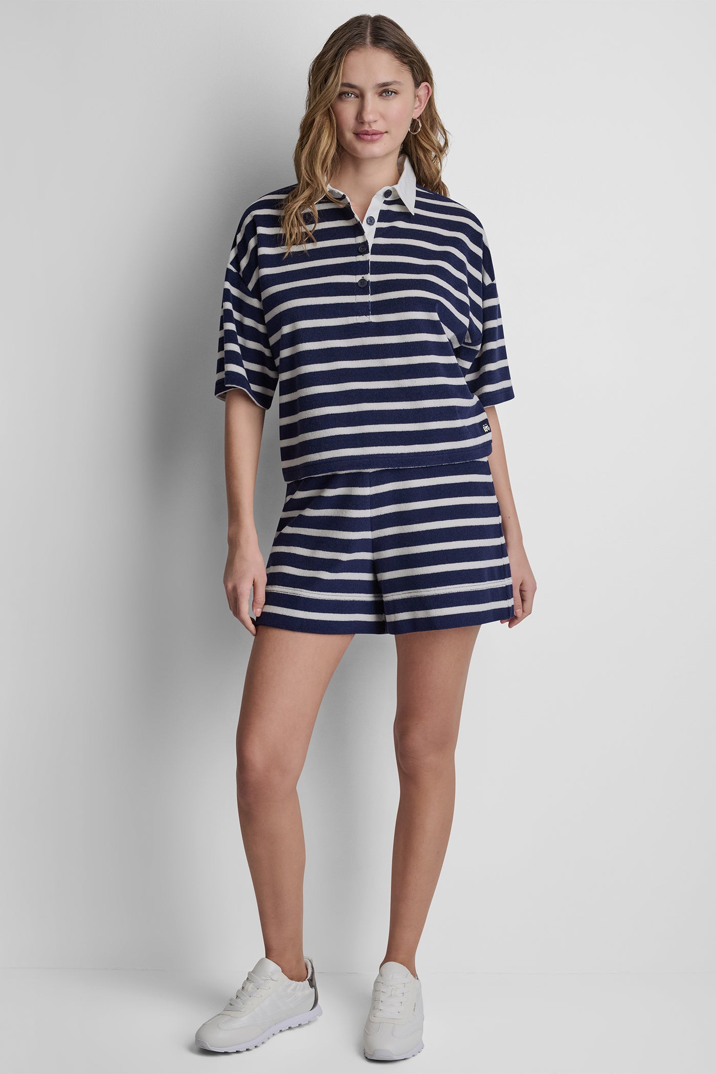 Peacoat/Eggnog TOWELLING TERRY STRIPE BOXY POLO, BACK VIEW | WOMEN'S SWEATERS & TOPS