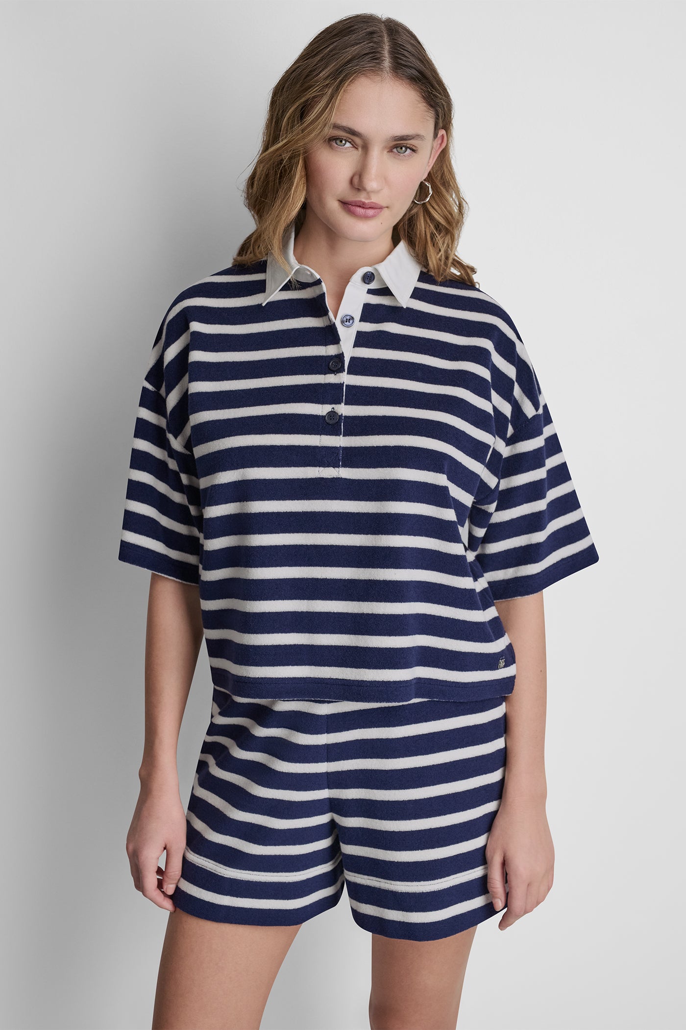 Peacoat/Eggnog TOWELLING TERRY STRIPE BOXY POLO, FRONT VIEW | WOMEN'S SWEATERS & TOPS