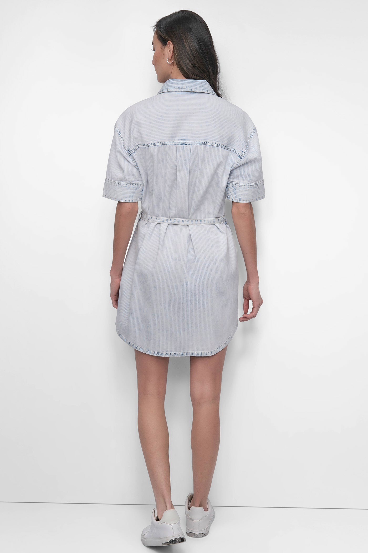 Astoria Stripe BELTED DENIM MINI SHIRT DRESS, BACK VIEW | Denim Destination