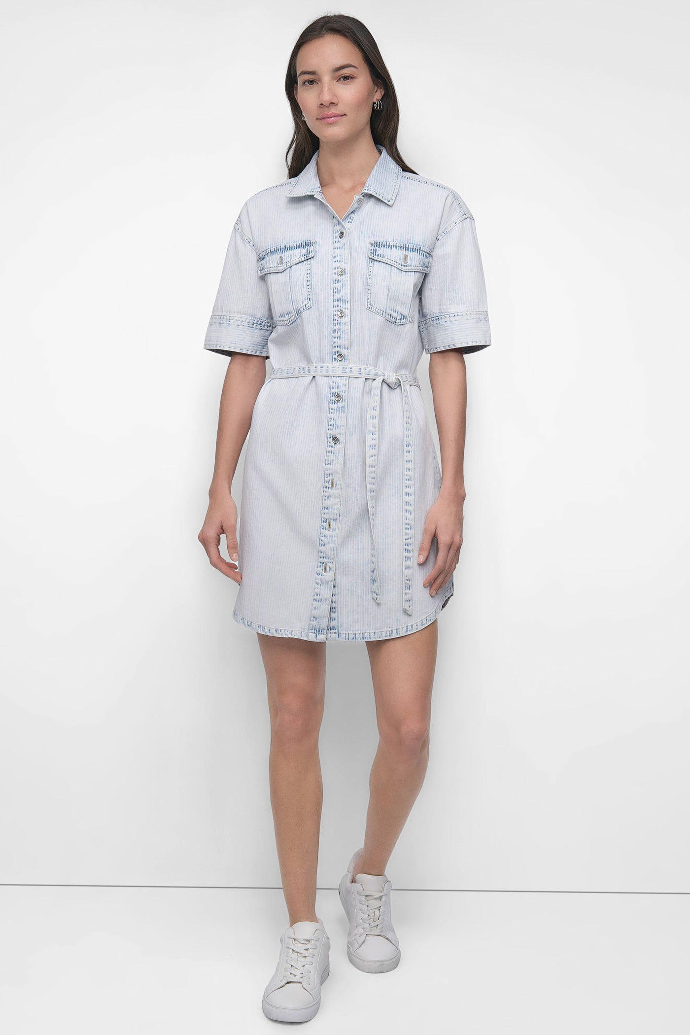 Astoria Stripe BELTED DENIM MINI SHIRT DRESS, FRONT VIEW | Denim Destination