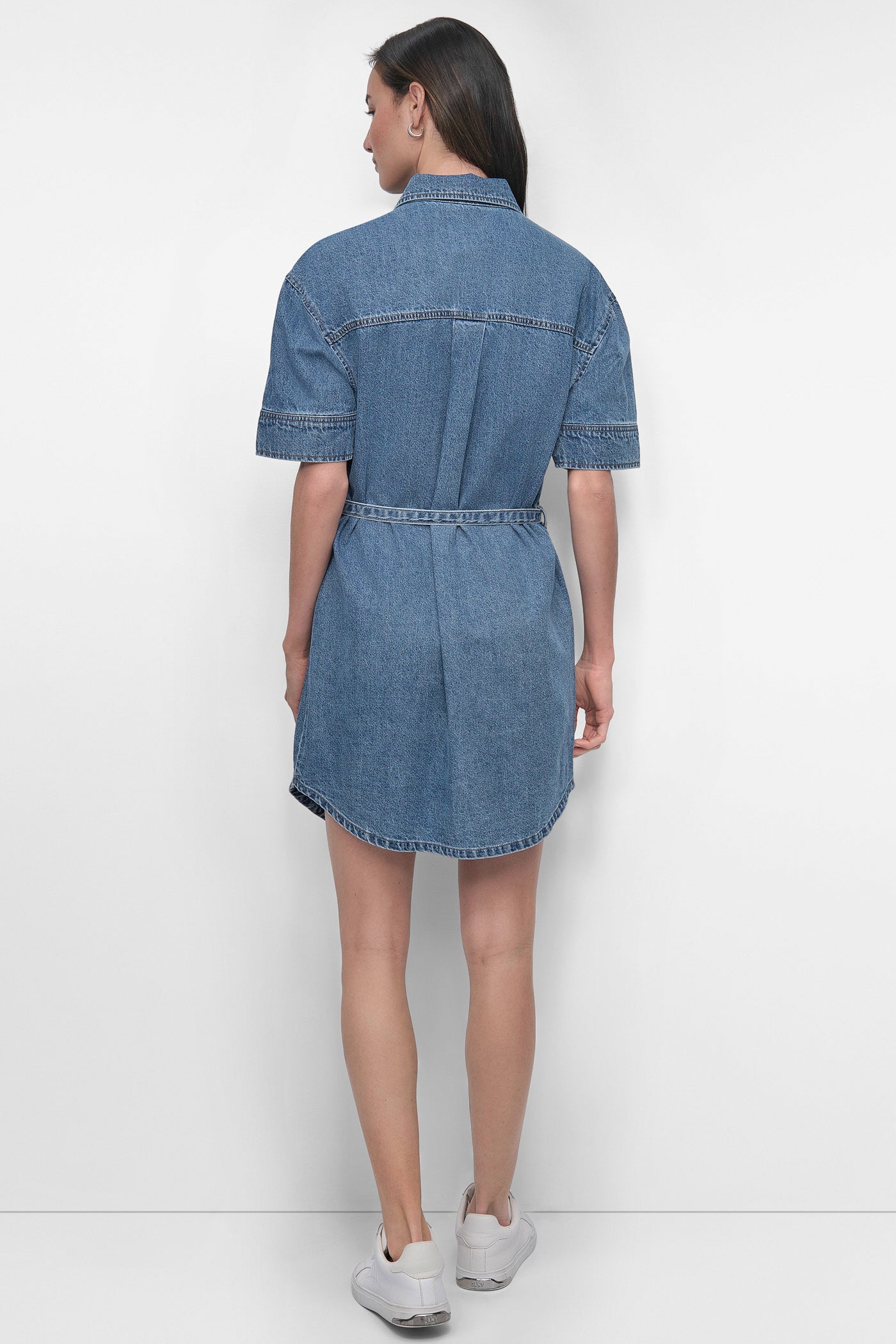 Cooper BELTED DENIM MINI SHIRT DRESS, BACK VIEW | Denim Destination