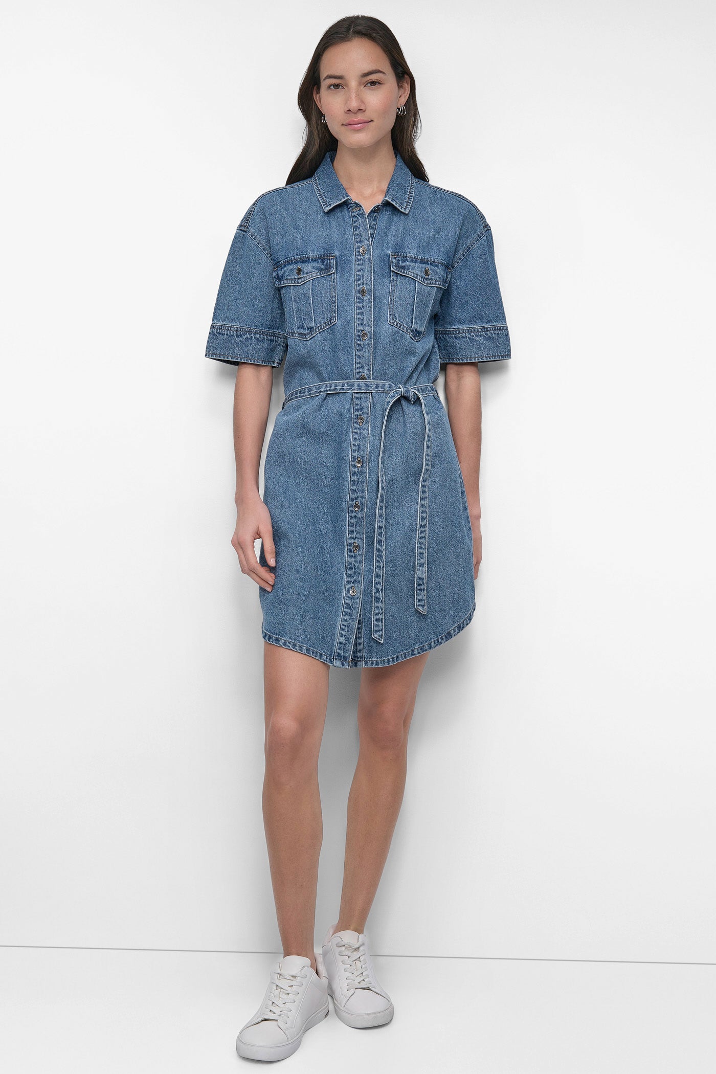 Cooper BELTED DENIM MINI SHIRT DRESS, FRONT VIEW | Denim Destination