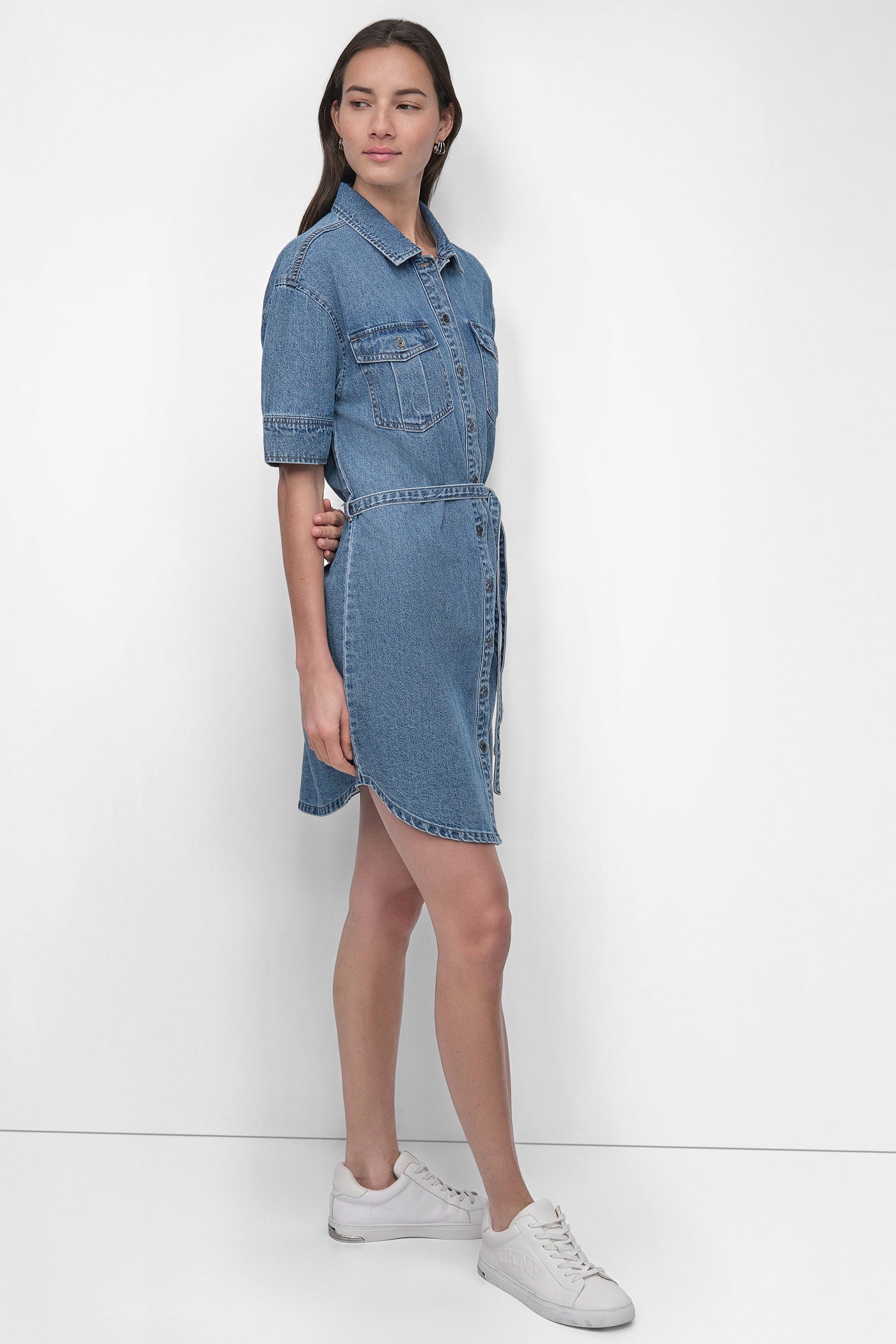 BELTED DENIM MINI SHIRT DRESS VIEW 3 | Denim Destination