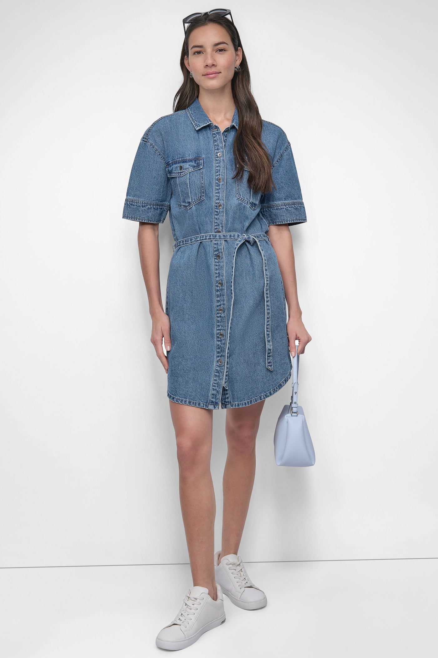 BELTED DENIM MINI SHIRT DRESS VIEW 4 | Denim Destination