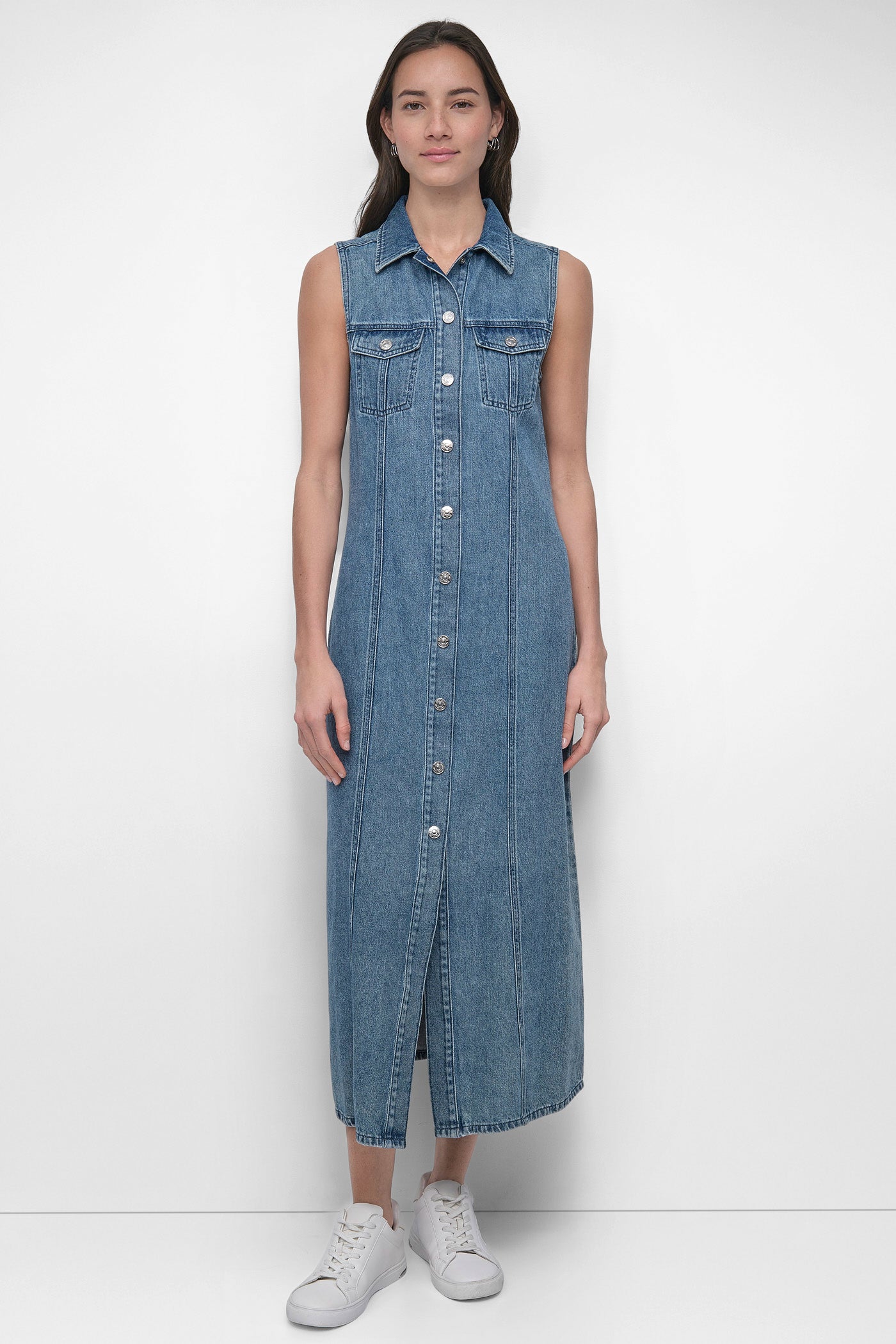 Cooper SLEEVELESS DENIM MAXI SHIRT DRESS, FRONT VIEW | Denim Destination