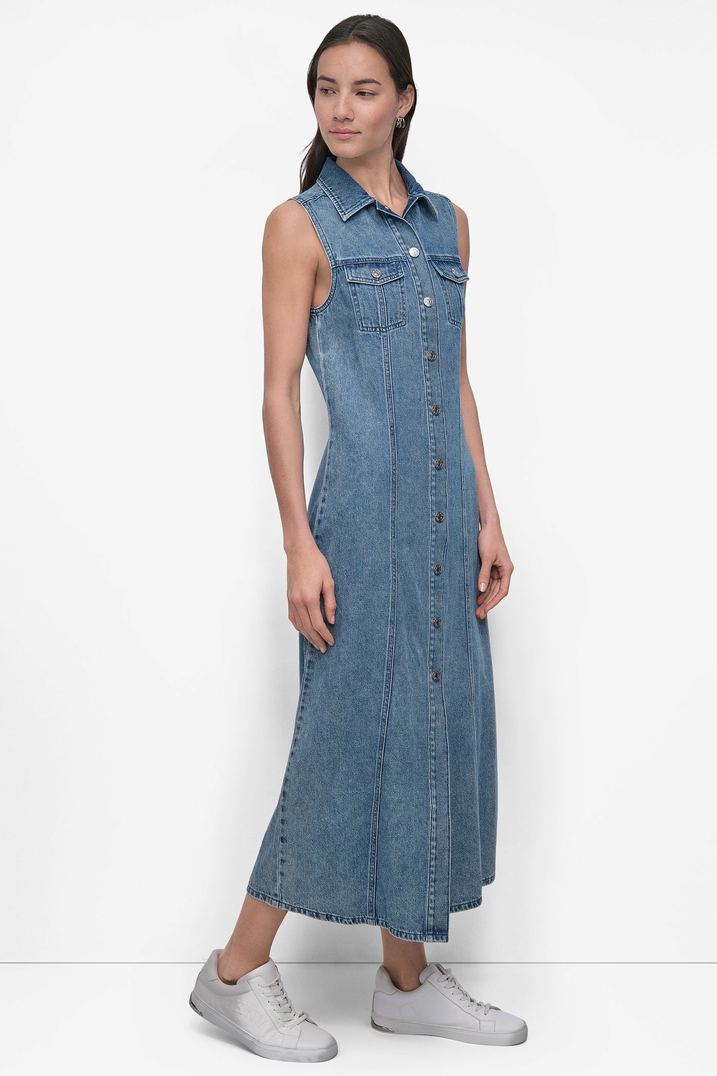 SLEEVELESS DENIM MAXI SHIRT DRESS VIEW 3 | Denim Destination