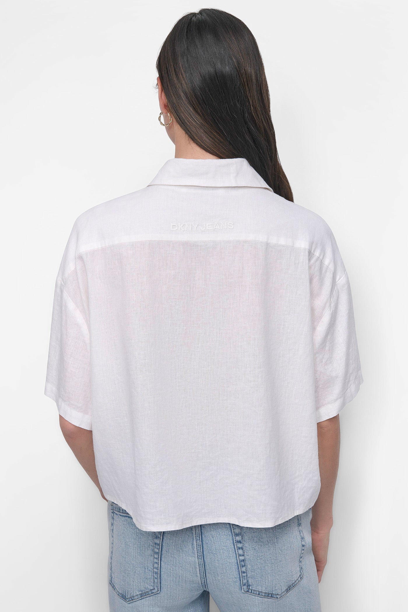IVORY CROPPED LINEN-BLEND SHIRT, BACK VIEW | WOMEN'S SWEATERS & TOPS