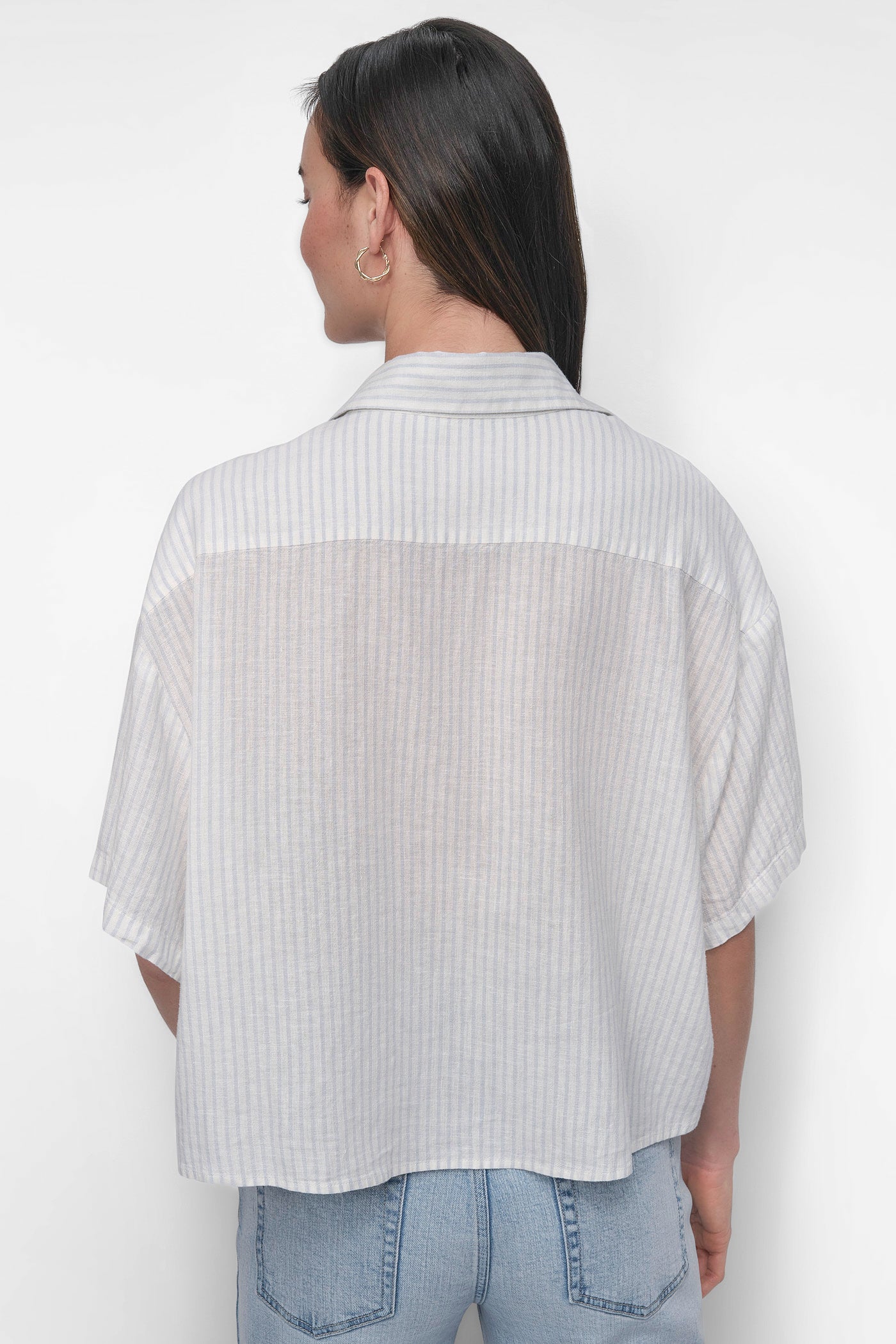 JONES STRIPE POWDER CROPPED LINEN-BLEND SHIRT, BACK VIEW | WOMEN'S SWEATERS & TOPS