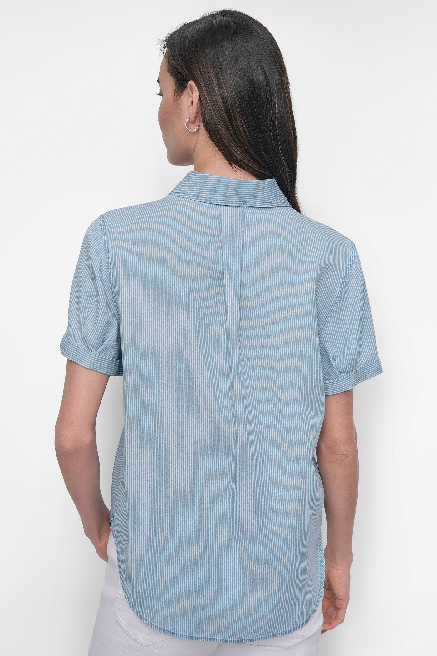 BAYPORT STRIPE CHAMB ROLLED SLEEVE SHIRT, BACK VIEW | WOMEN'S SWEATERS & TOPS