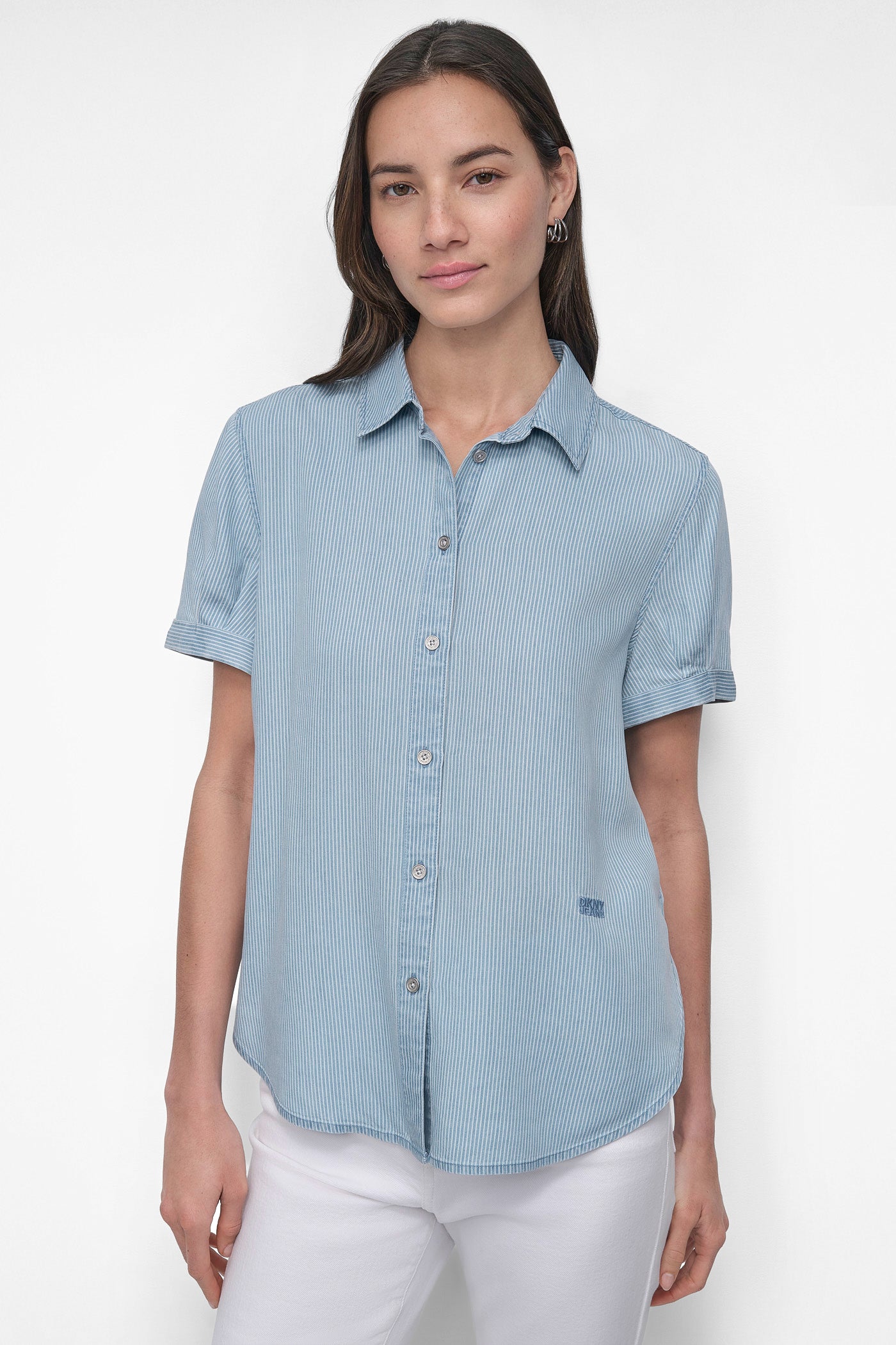 BAYPORT STRIPE CHAMB ROLLED SLEEVE SHIRT, FRONT VIEW | WOMEN'S SWEATERS & TOPS