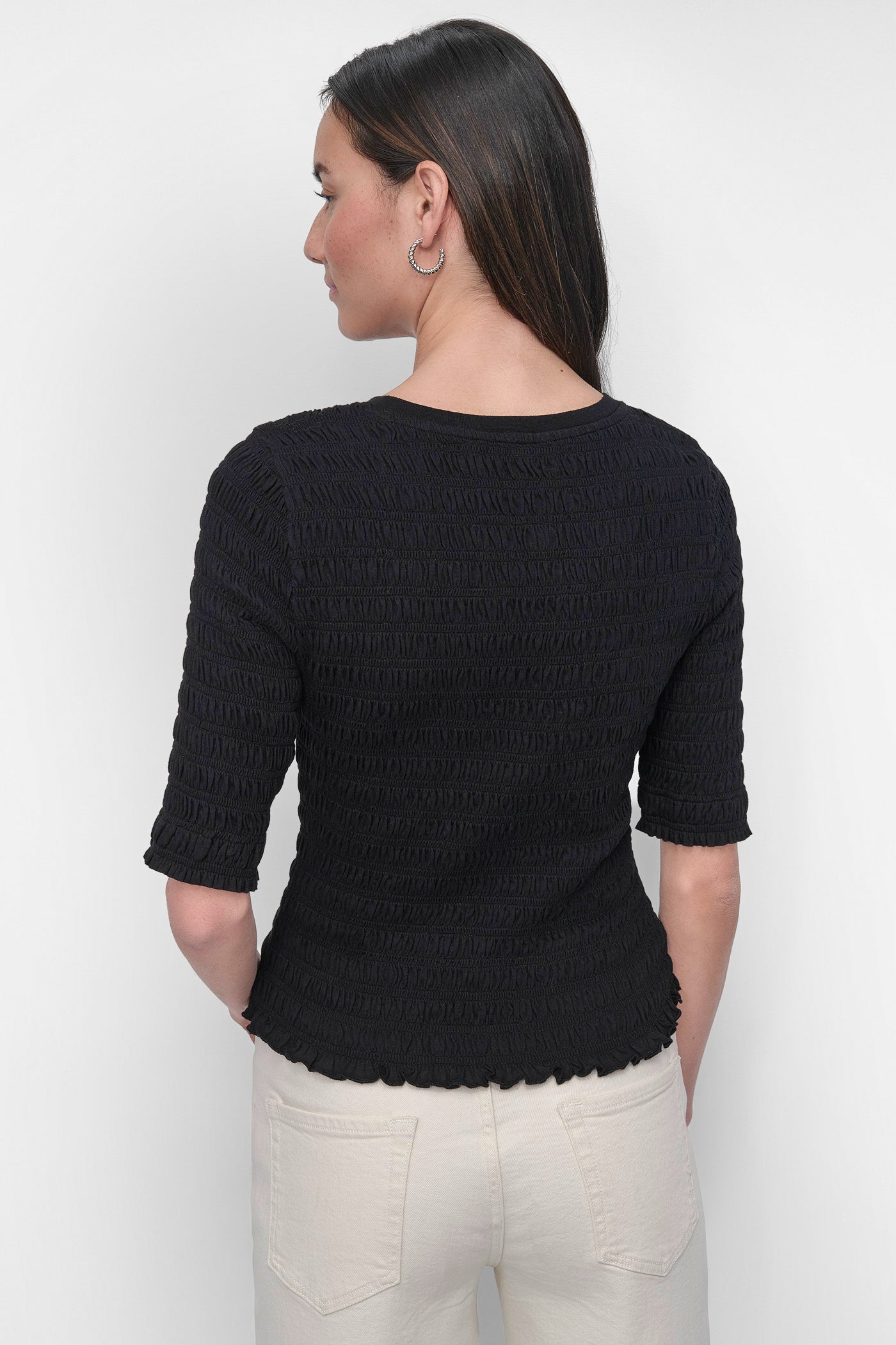 Black SMOCKED TEE, BACK VIEW | WOMEN'S SWEATERS & TOPS