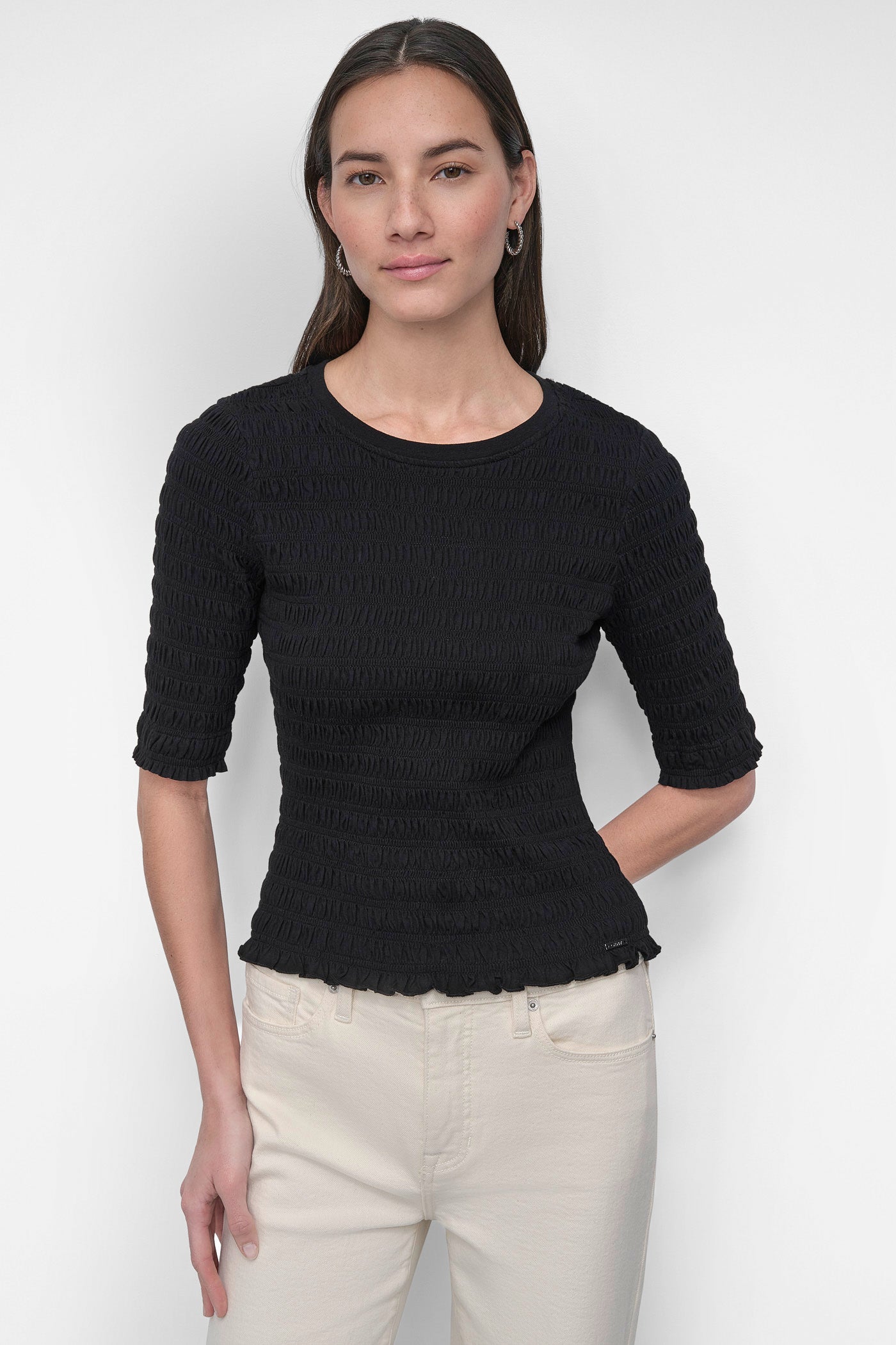 Black SMOCKED TEE, FRONT VIEW | WOMEN'S SWEATERS & TOPS