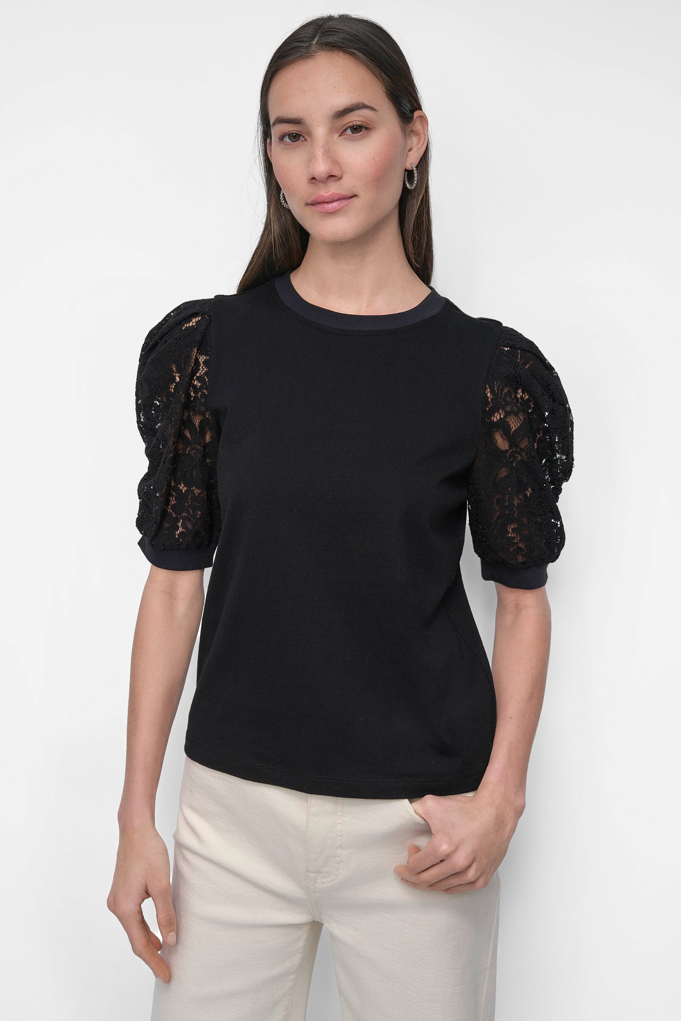 BLACK LACE-PANELED TEE, FRONT VIEW | WOMEN'S SWEATERS & TOPS