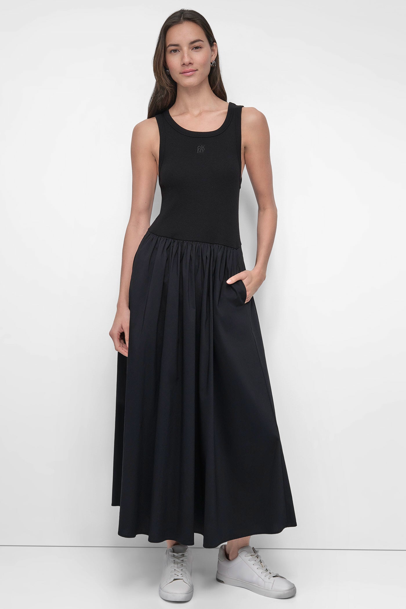Black MIXED MEDIA MIDI TANK DRESS, FRONT VIEW | SALE DRESSES