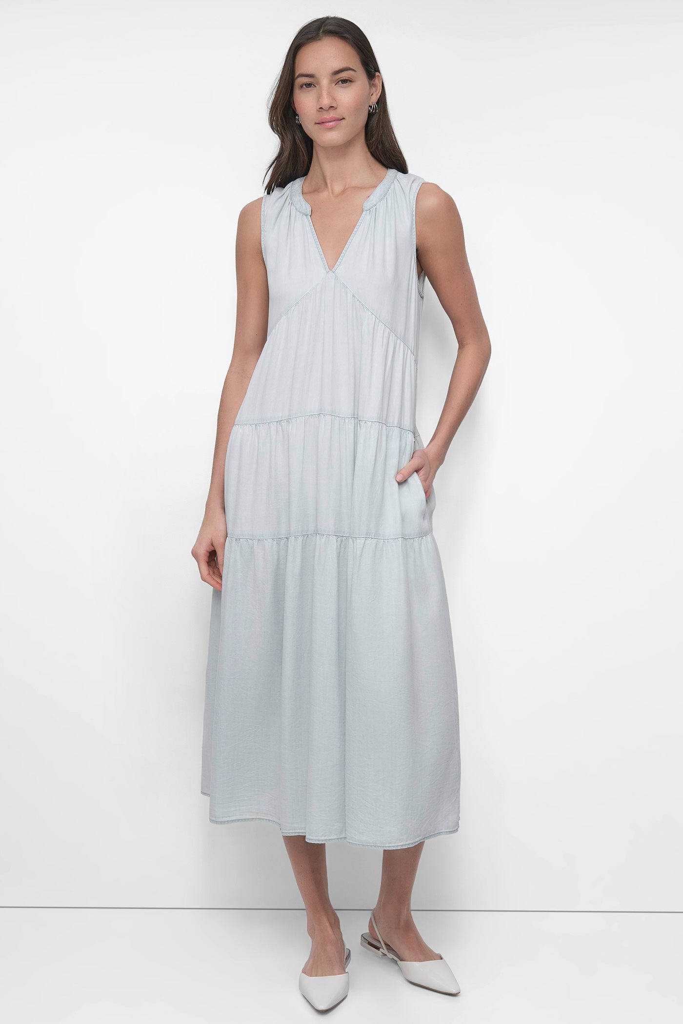 BLEACHED CHAMBRAY TENCEL TIERED MIDI SWING DRESS, FRONT VIEW | Denim Destination