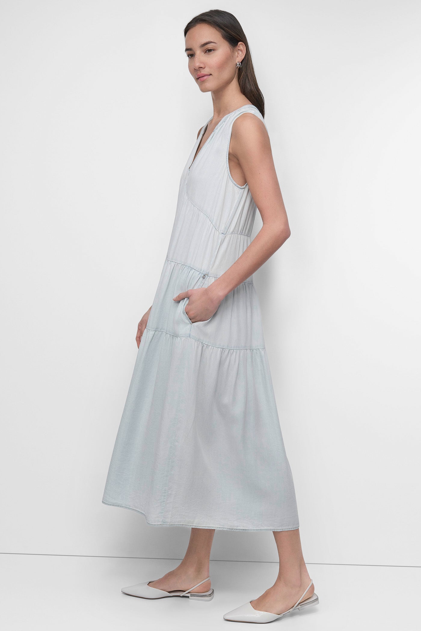 BLEACHED CHAMBRAY TENCEL TIERED MIDI SWING DRESS, BACK VIEW | Denim Destination