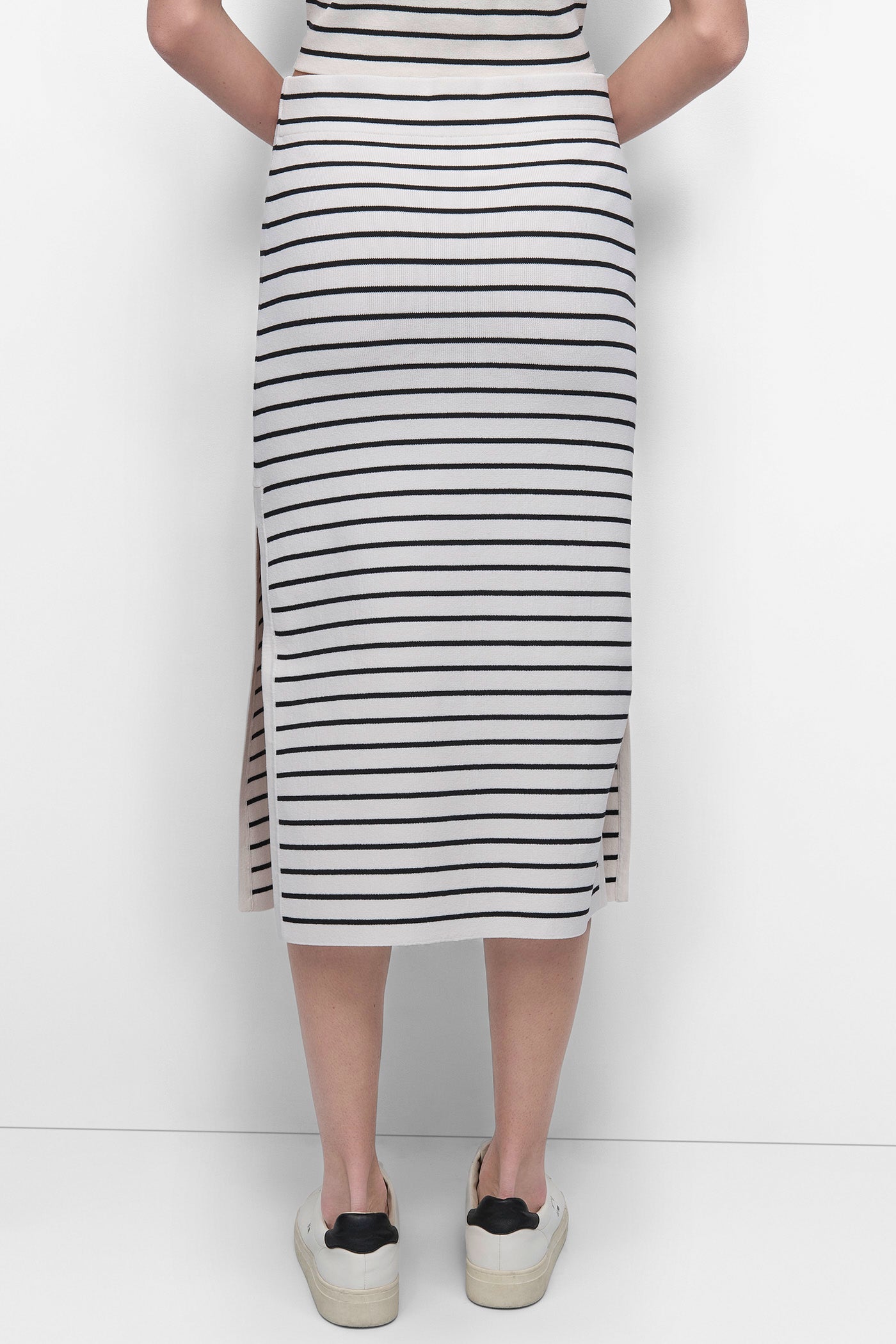 Ivory/Black HIGH-RISE MIDI SWEATER PENCIL SKIRT, BACK VIEW | DKNY JEANS