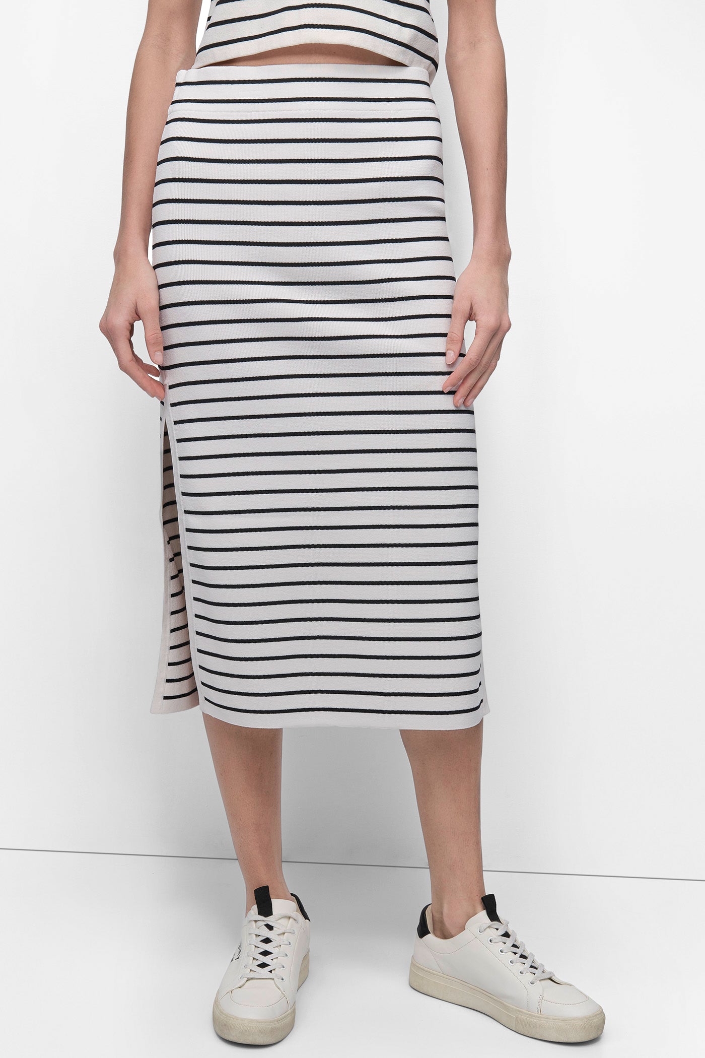 Ivory/Black HIGH-RISE MIDI SWEATER PENCIL SKIRT, FRONT VIEW | DKNY JEANS