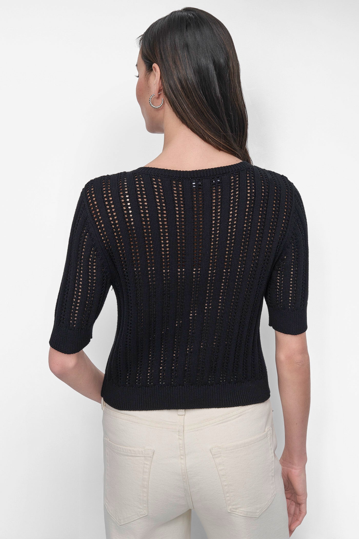 Black CABLE POINTELLE KNIT CARDIGAN, BACK VIEW | DKNY JEANS