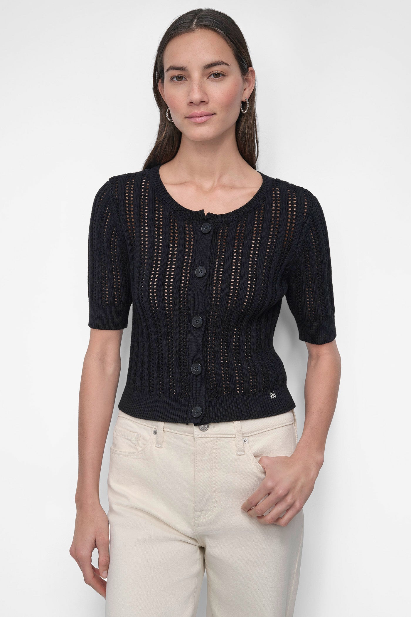 Black CABLE POINTELLE KNIT CARDIGAN, FRONT VIEW | DKNY JEANS
