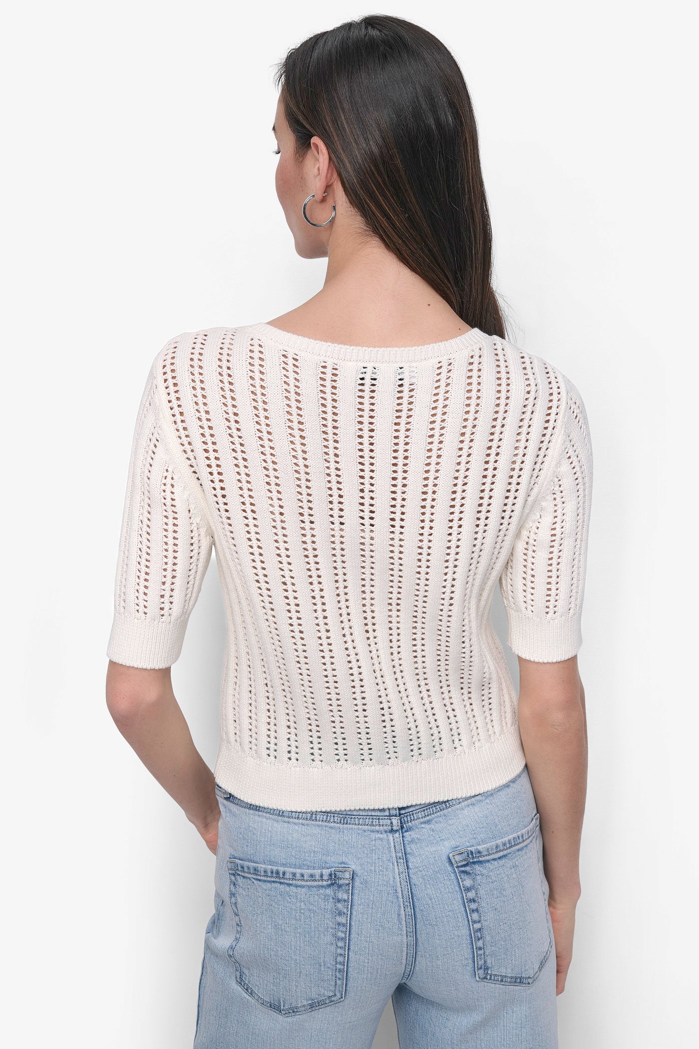 Ivory CABLE POINTELLE KNIT CARDIGAN, BACK VIEW | WOMEN'S SWEATERS & TOPS