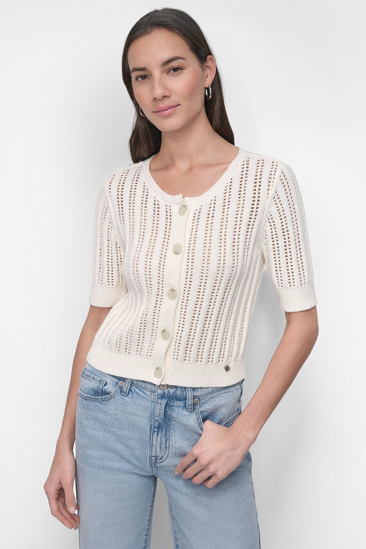 Ivory CABLE POINTELLE KNIT CARDIGAN, FRONT VIEW | WOMEN'S SWEATERS & TOPS