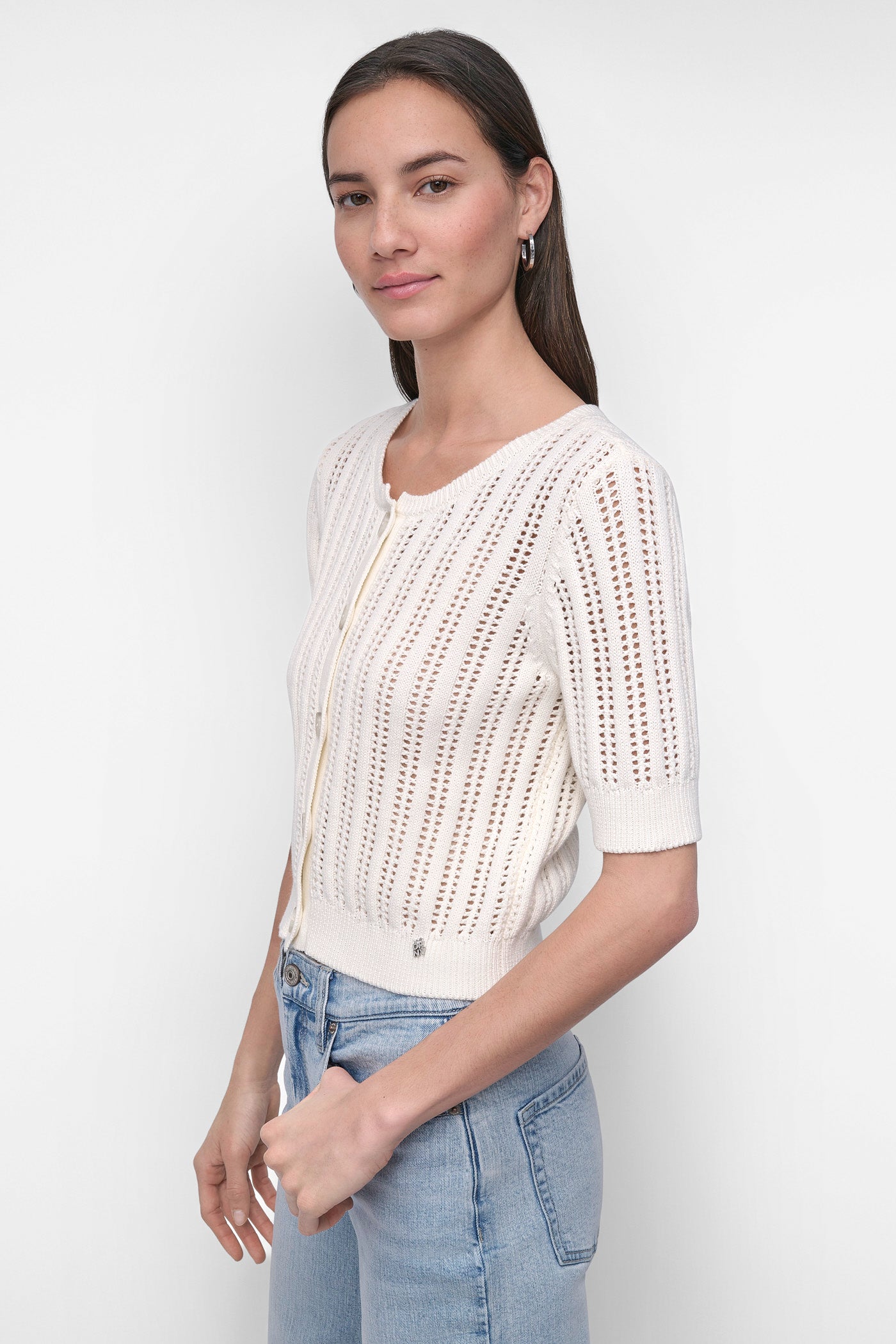 CABLE POINTELLE KNIT CARDIGAN VIEW 3 | WOMEN'S SWEATERS & TOPS