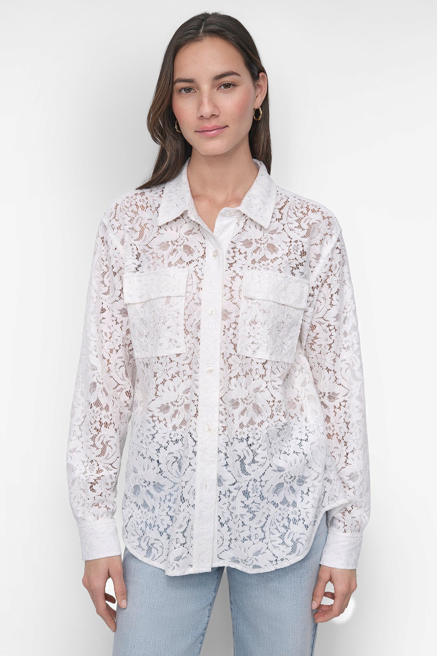White LACE UTILITY SHIRT, FRONT VIEW | Summer Essentials