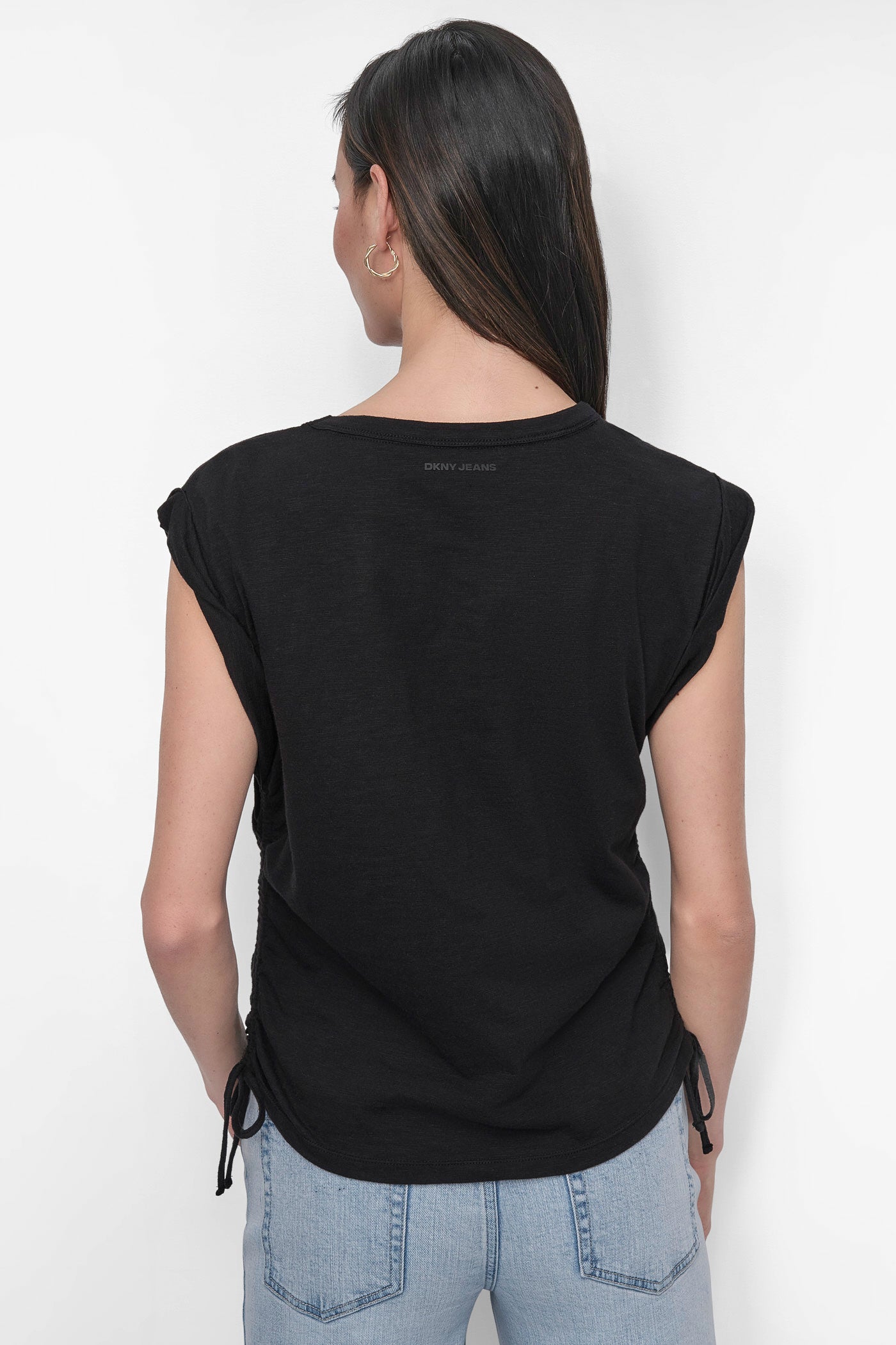 Black RUCHED SIDE-TIE TEE, BACK VIEW | Tees & Tanks