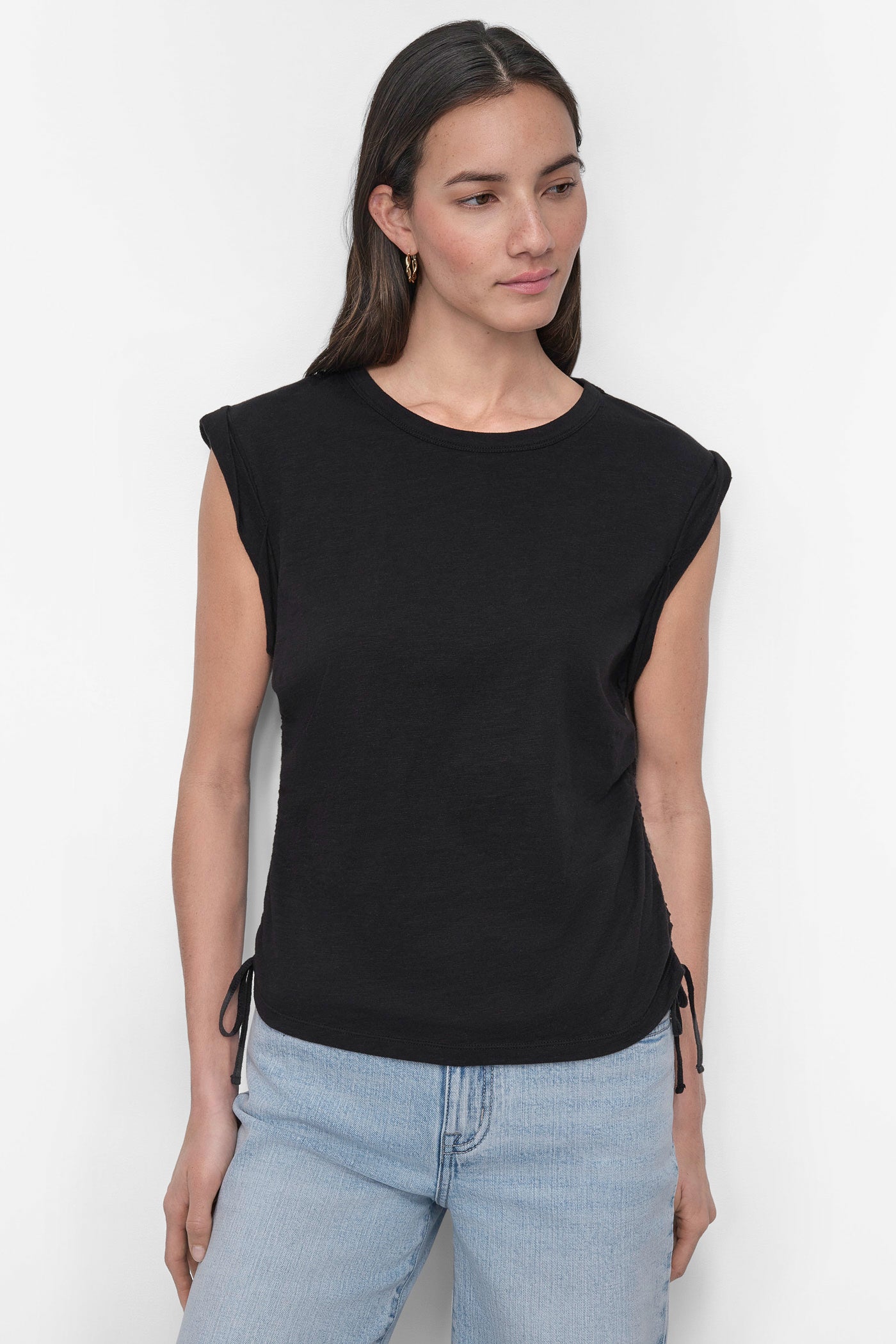 Black RUCHED SIDE-TIE TEE, FRONT VIEW | Tees & Tanks