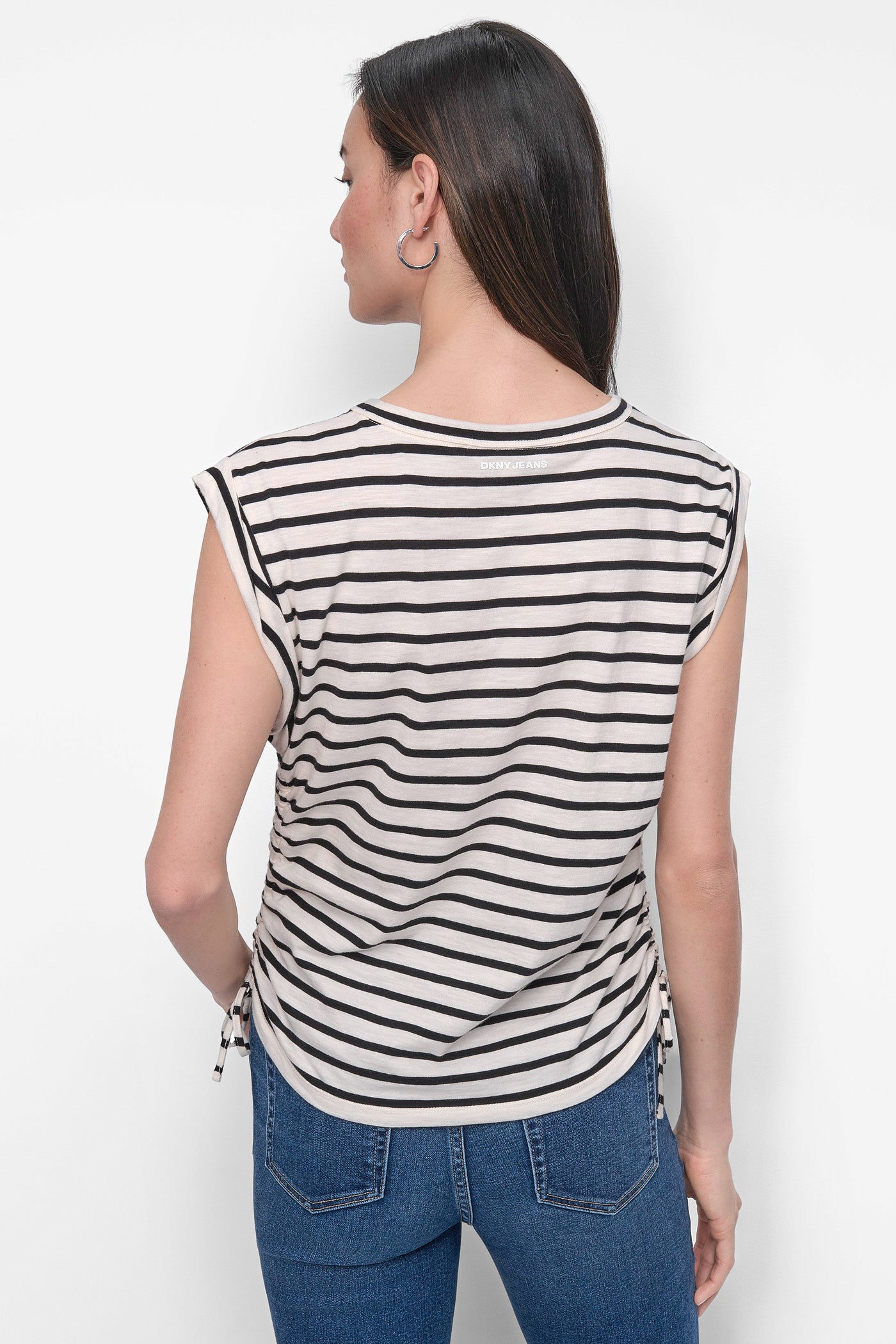 Ivory/Black RUCHED SIDE-TIE TEE, BACK VIEW | Tees & Tanks