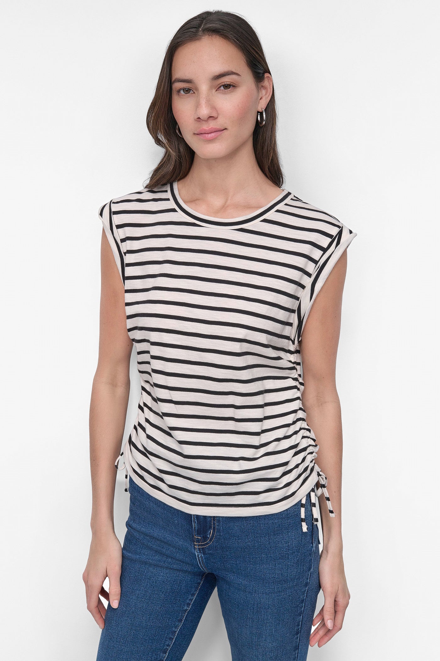 Ivory/Black RUCHED SIDE-TIE TEE, FRONT VIEW | Tees & Tanks