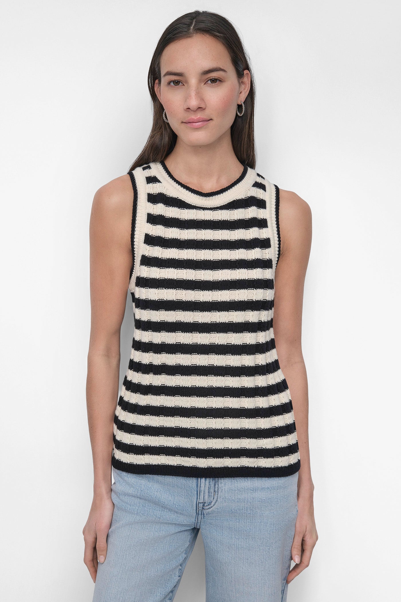 BLACK/EGGNOG STRIPED TANK, FRONT VIEW | DKNY JEANS