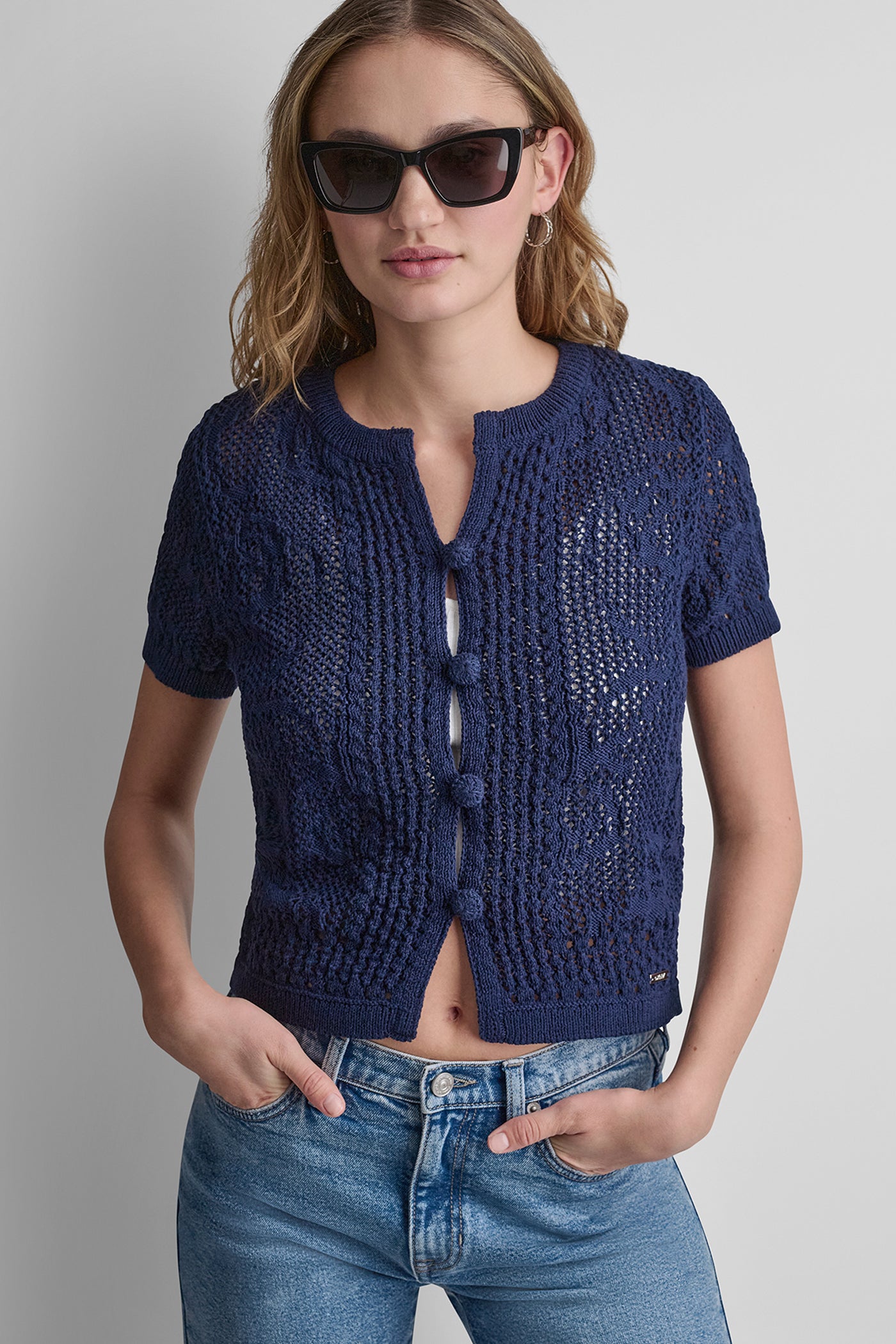 Peacoat LACE STITCH BUTTON FRONT CARDIGAN, VIEW 1 | New Arrivals