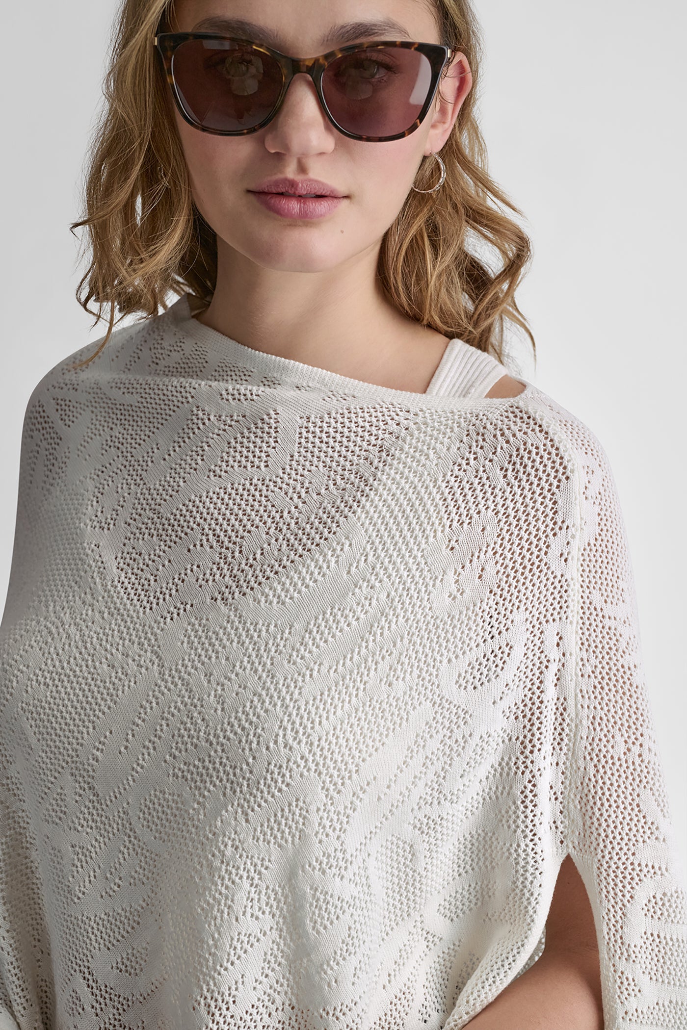 Ivory ASYMMETRIC LOGO POINTELLE PONCHO, VIEW 2 | Products