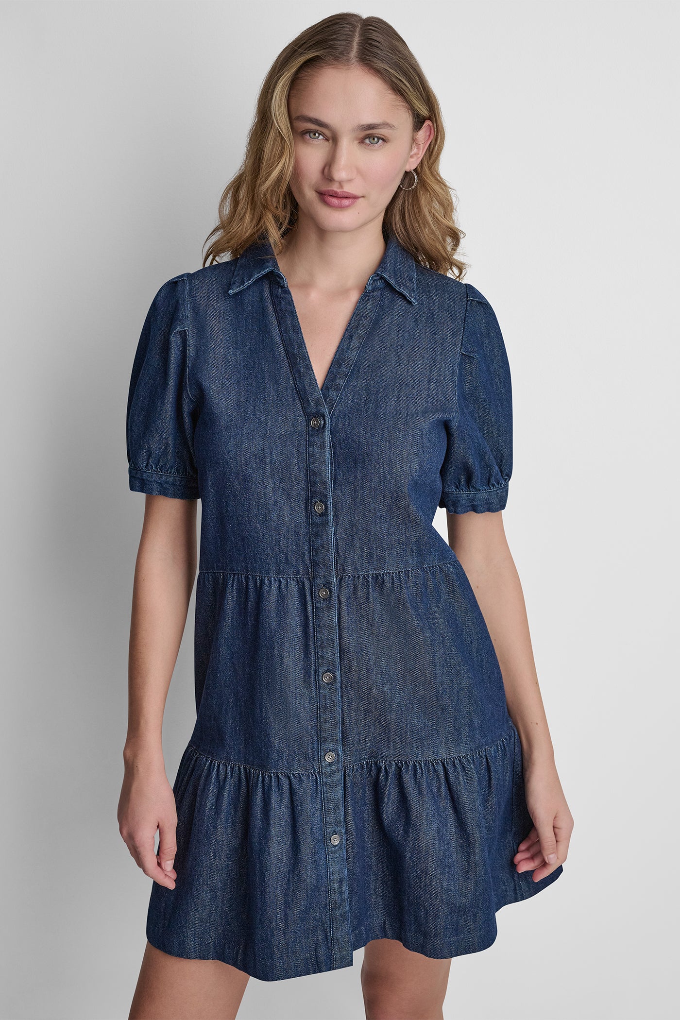 Carmine Wash DENIM MINI DRESS, VIEW 2 | New Arrivals
