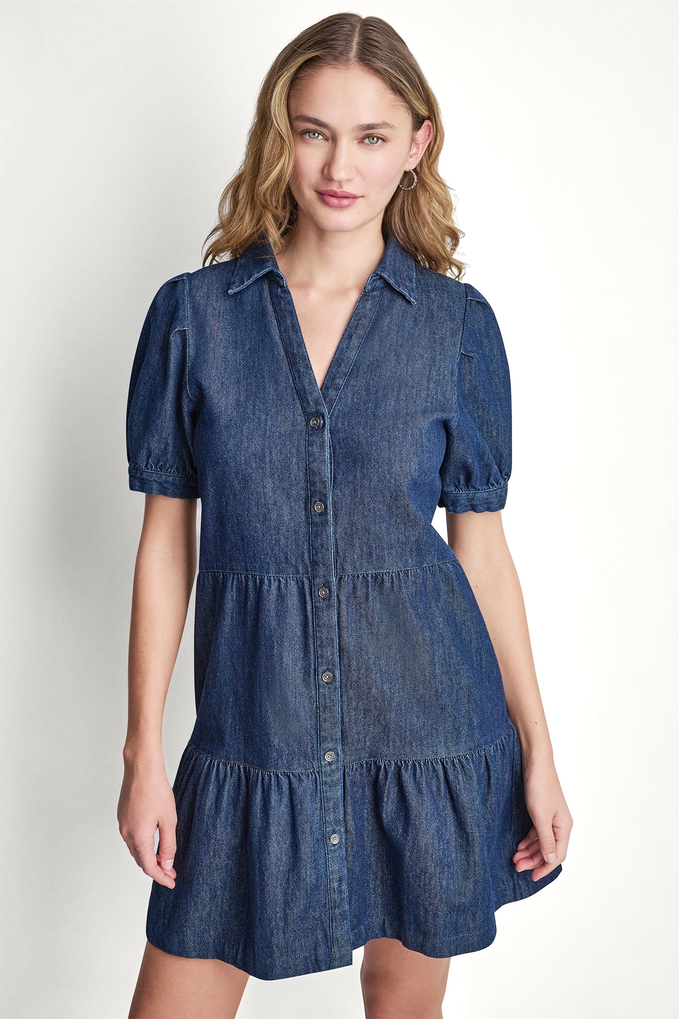 Carmine Wash DENIM MINI DRESS, VIEW 1 | Clothing