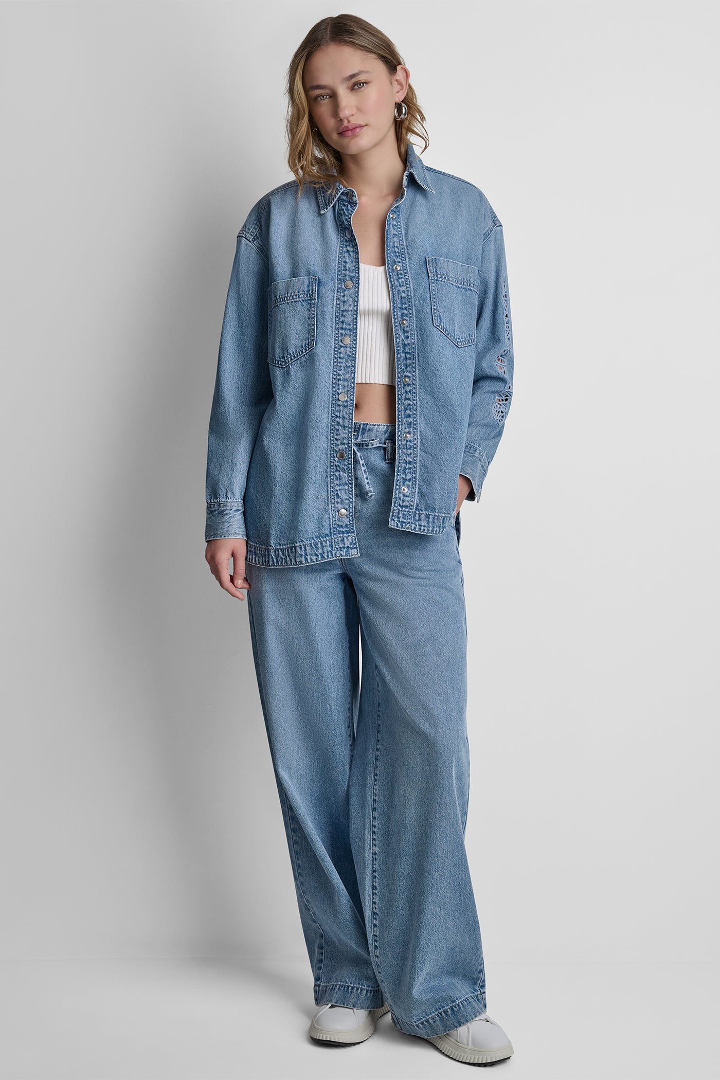 Eden DENIM SHIRT WITH LOGO CUTOUT, VIEW 2 | WOMEN'S SWEATERS & TOPS